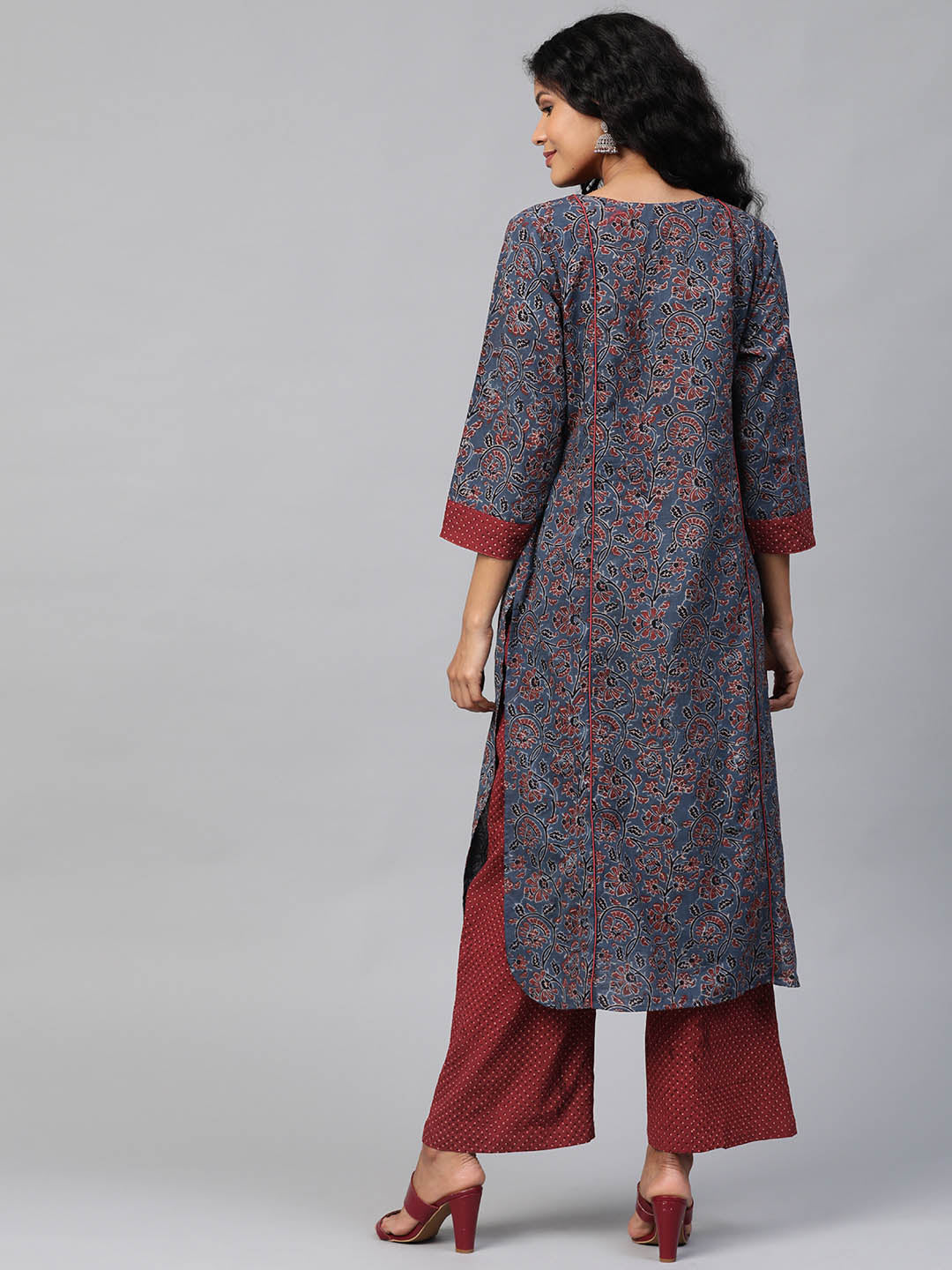 Women Navy Blue & Maroon Hand Block Printed Straight Ajarkh Sustainable Kurta