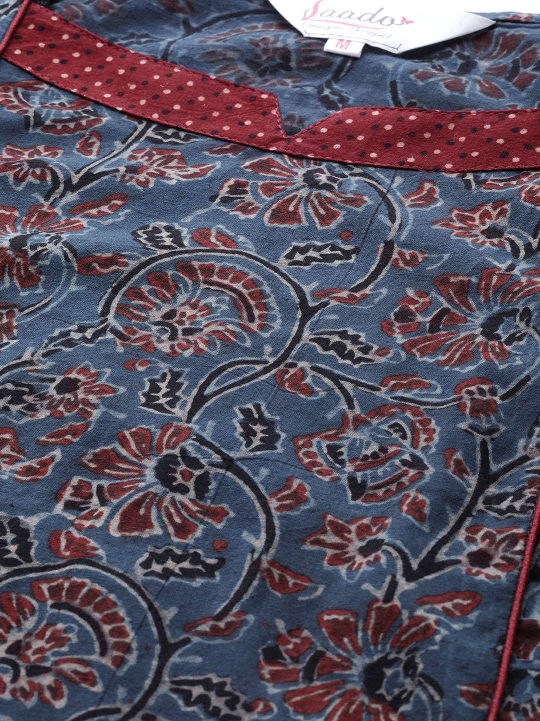 Women Navy Blue & Maroon Hand Block Printed Straight Ajarkh Sustainable Kurta