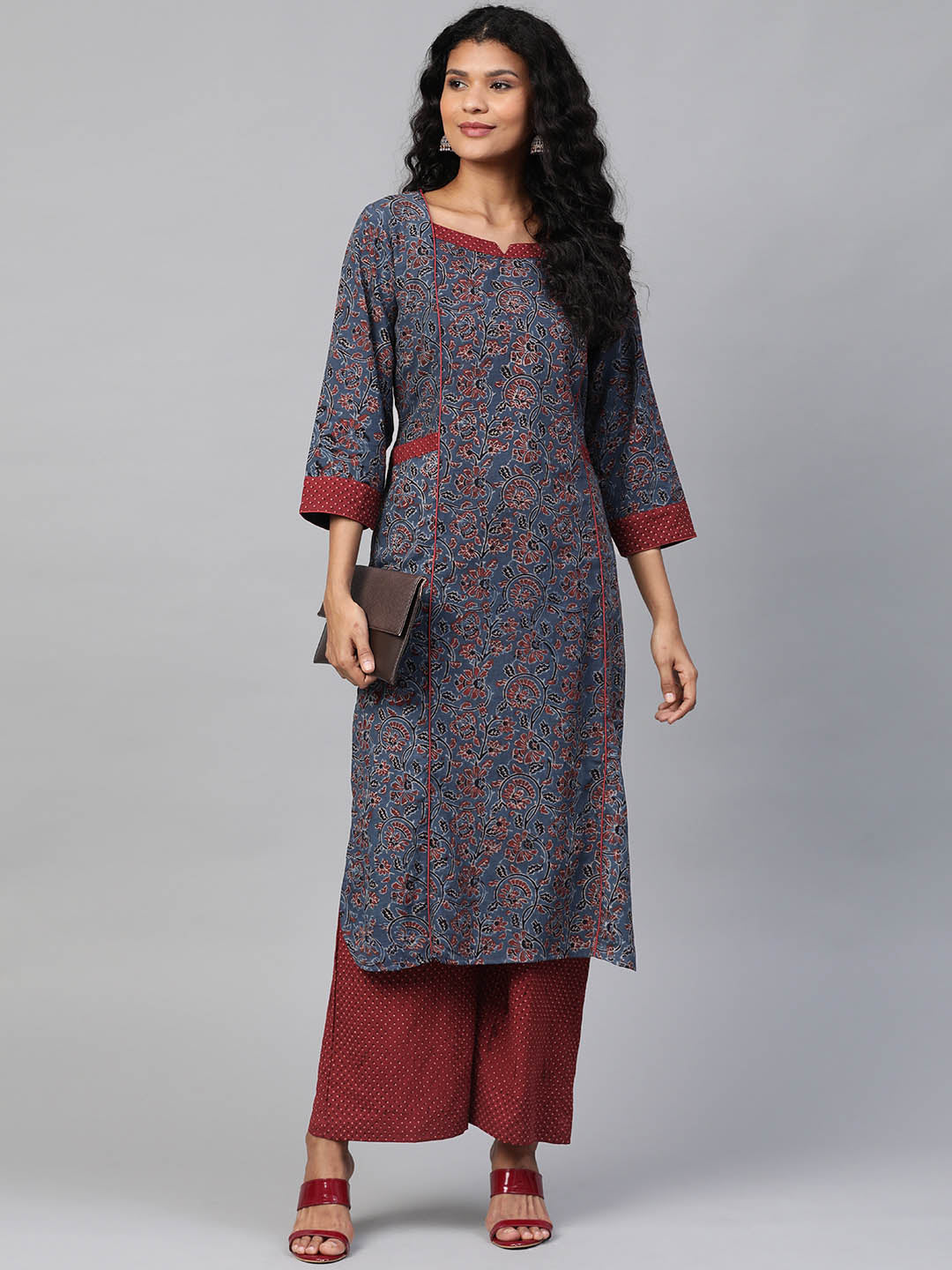 Women Navy Blue & Maroon Hand Block Printed Straight Ajarkh Sustainable Kurta