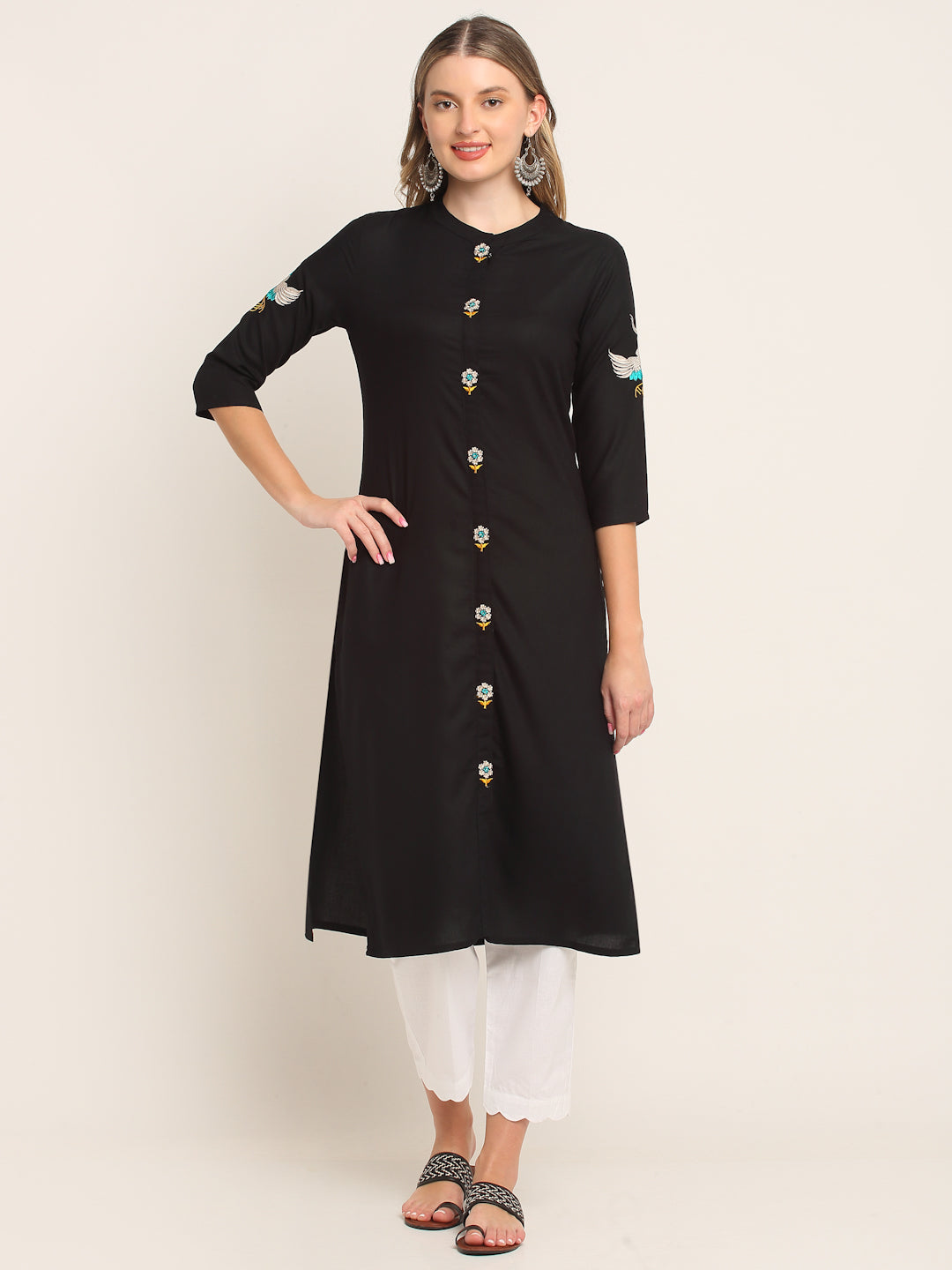 Women Rayon Black Embroidered Kurta