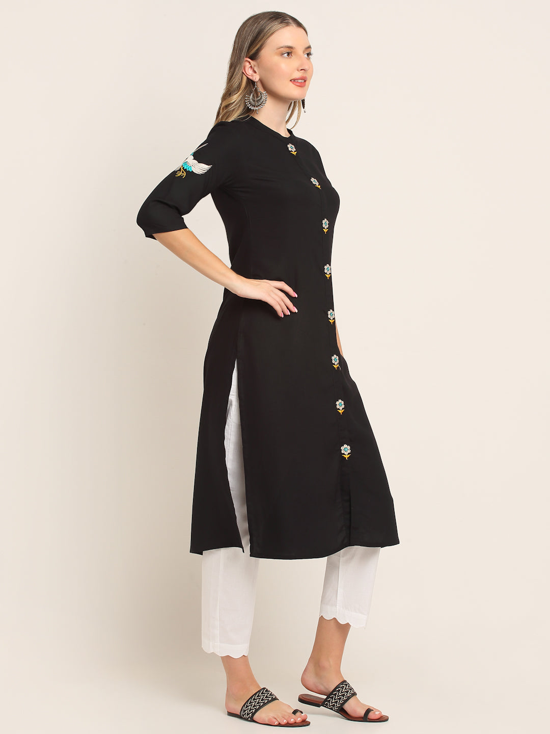 Women Rayon Black Embroidered Kurta