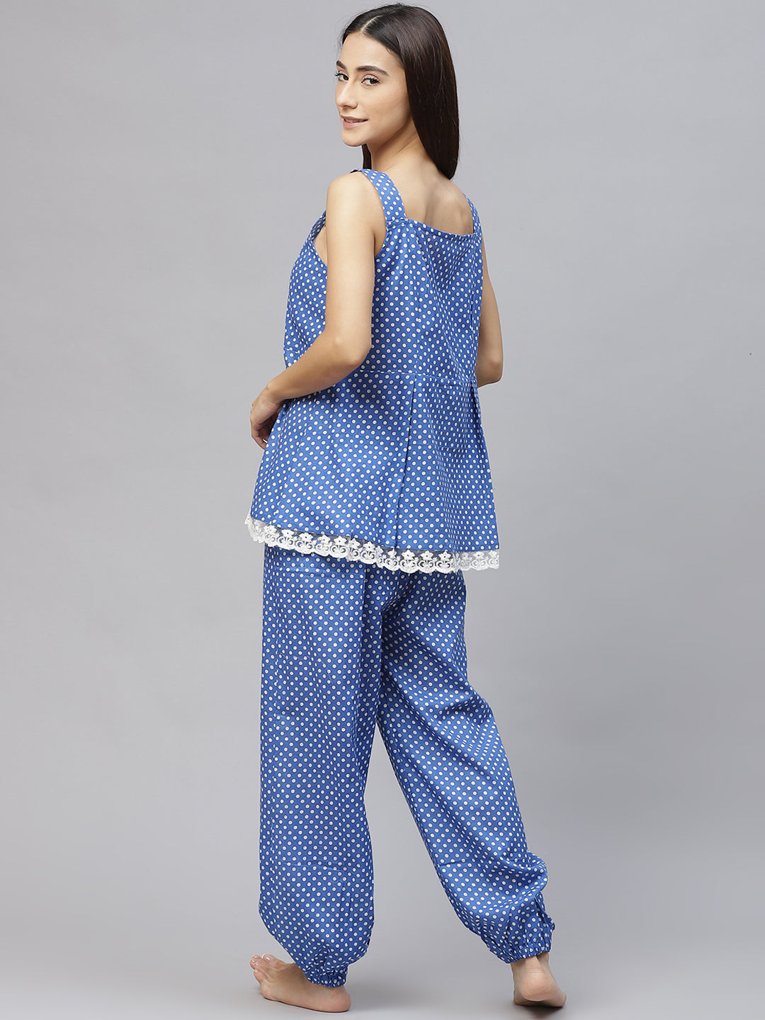 Women Blue & White  Polka Dot Print Lace  Inserts Cotton Pyjama Set