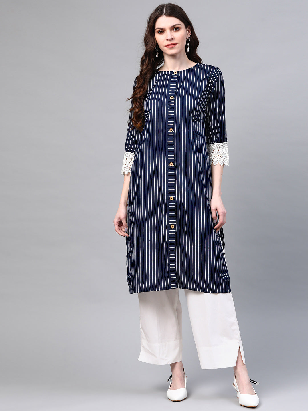 Women Navy Blue & White Striped Sustainable Kurta with Palazzos