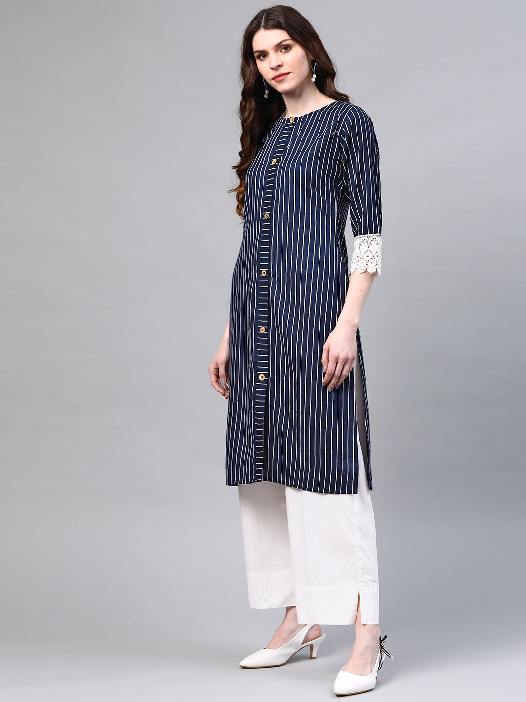 Women Navy Blue & White Striped Sustainable Kurta with Palazzos