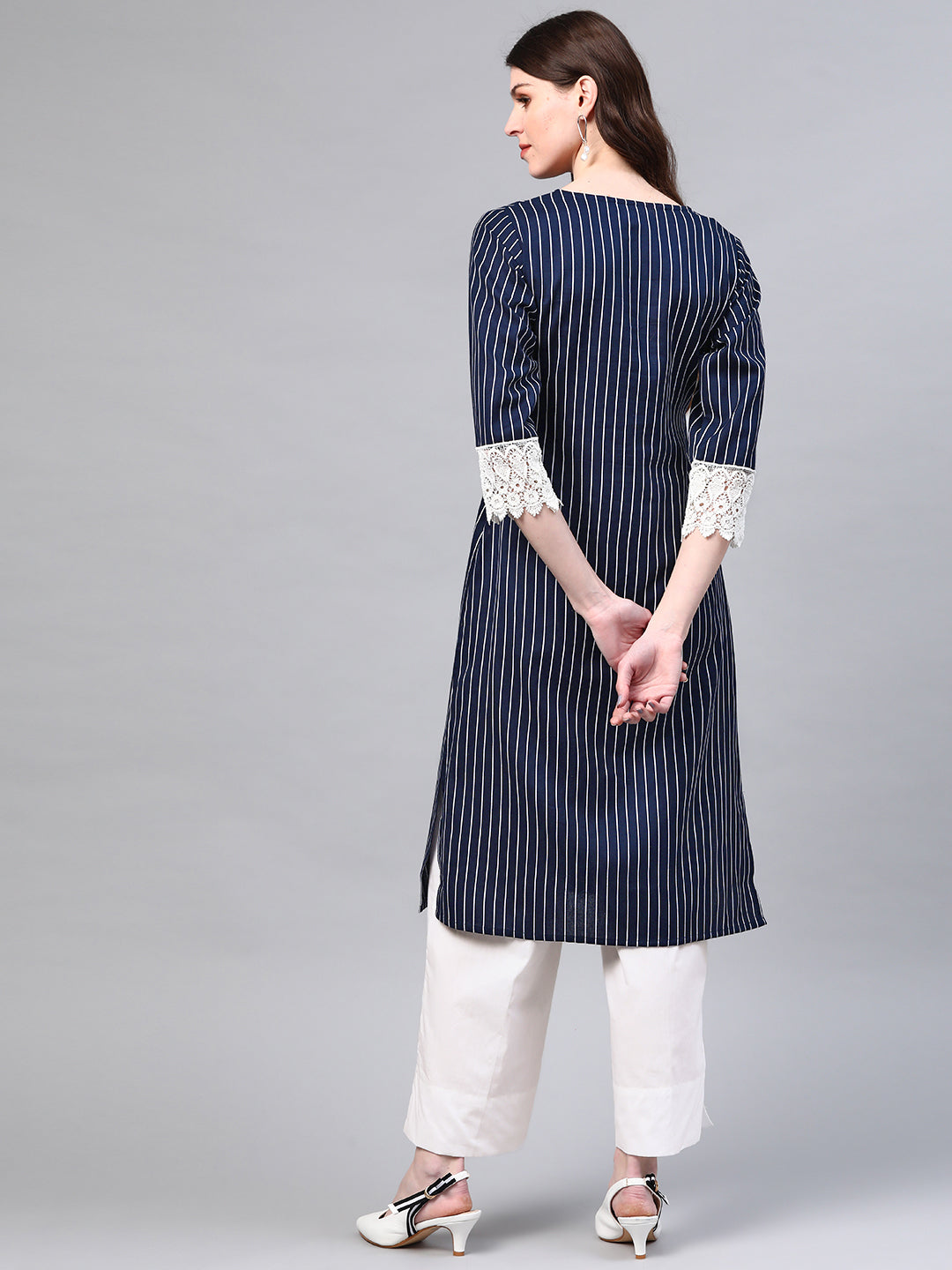 Women Navy Blue & White Striped Sustainable Kurta with Palazzos