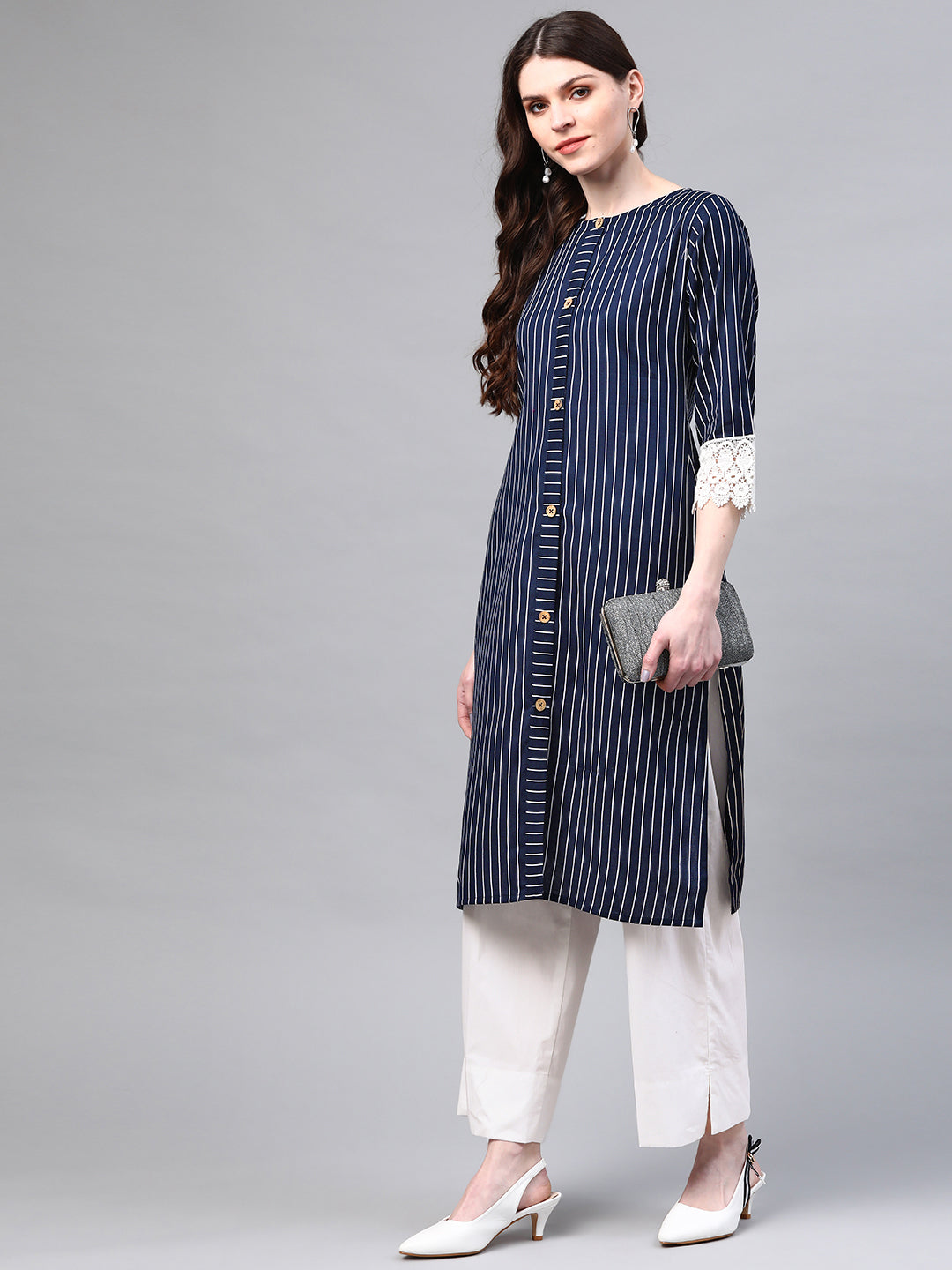 Women Navy Blue & White Striped Sustainable Kurta with Palazzos