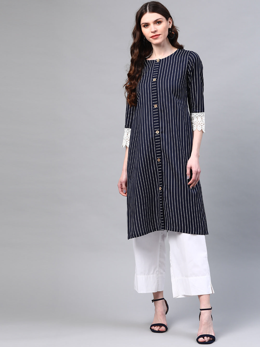 Blue Flex Cotton Kurta With Lace