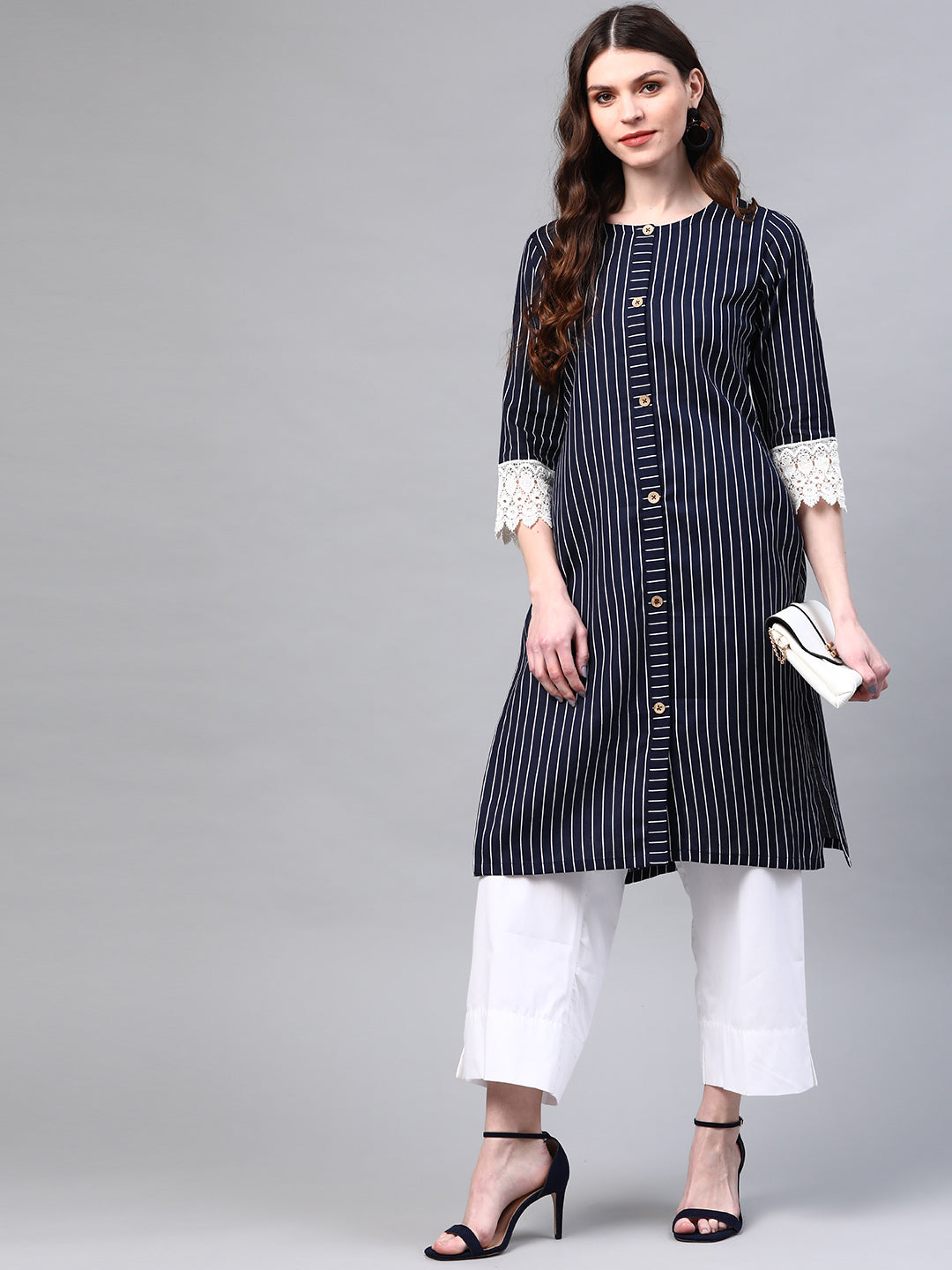 Blue Flex Cotton Kurta With Lace