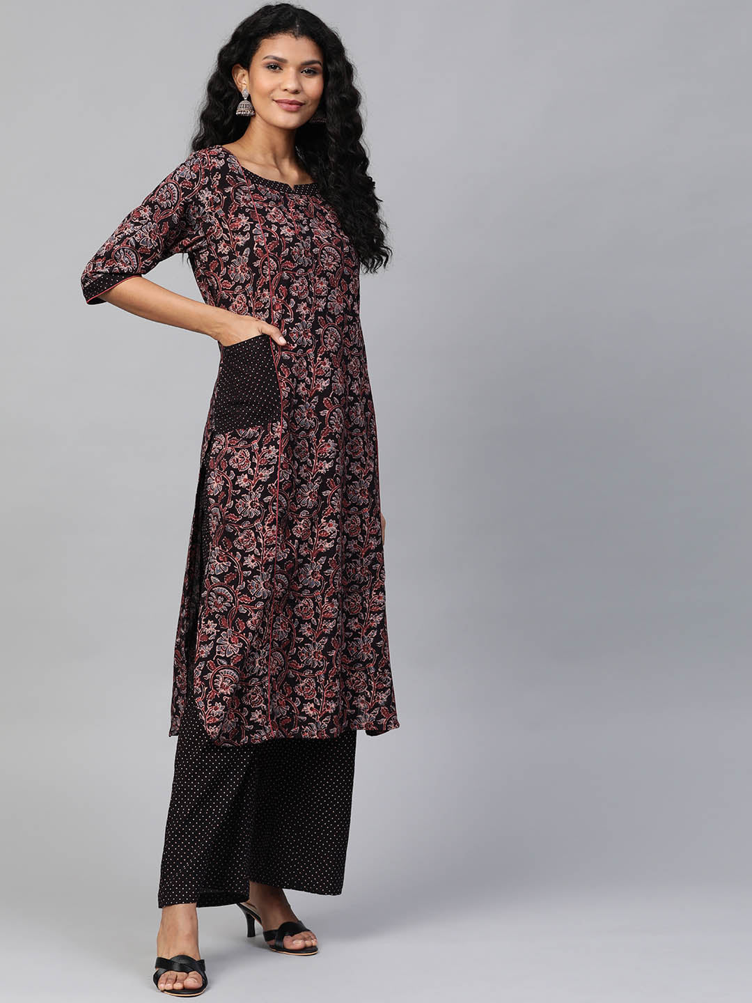 Women Black & Blue Jaal Ajrakh Hand Block Ethnic Sustainable Straight Kurta