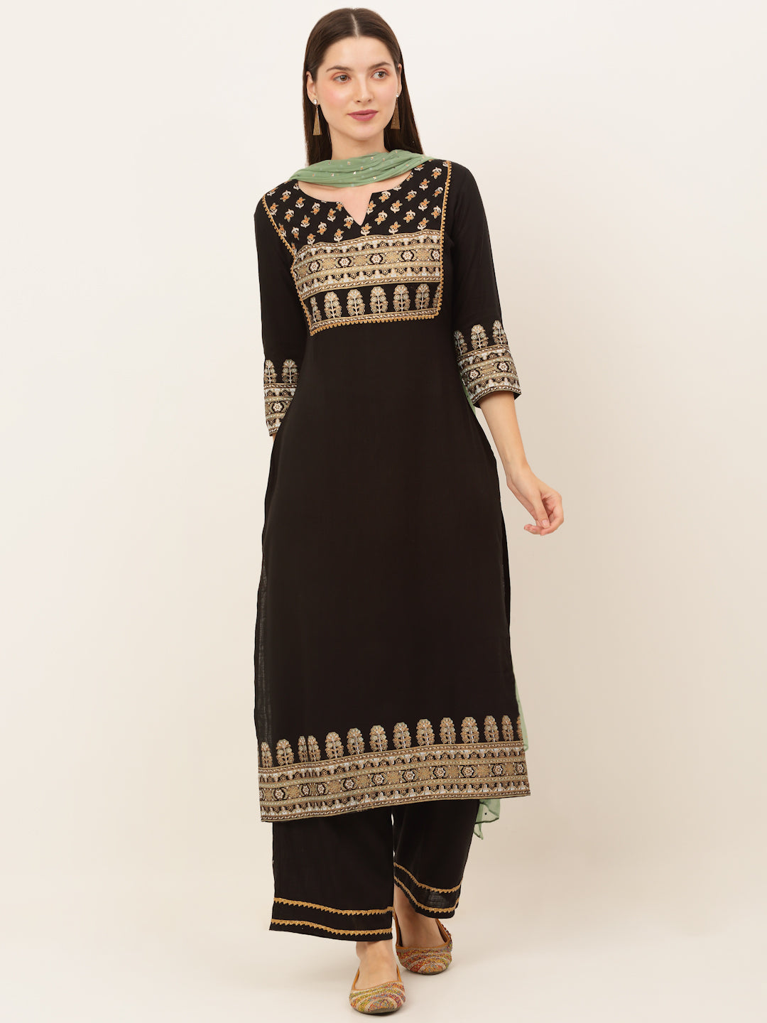 Women Black Ethnic Motifs Yoke Design Kurta with Palazzos