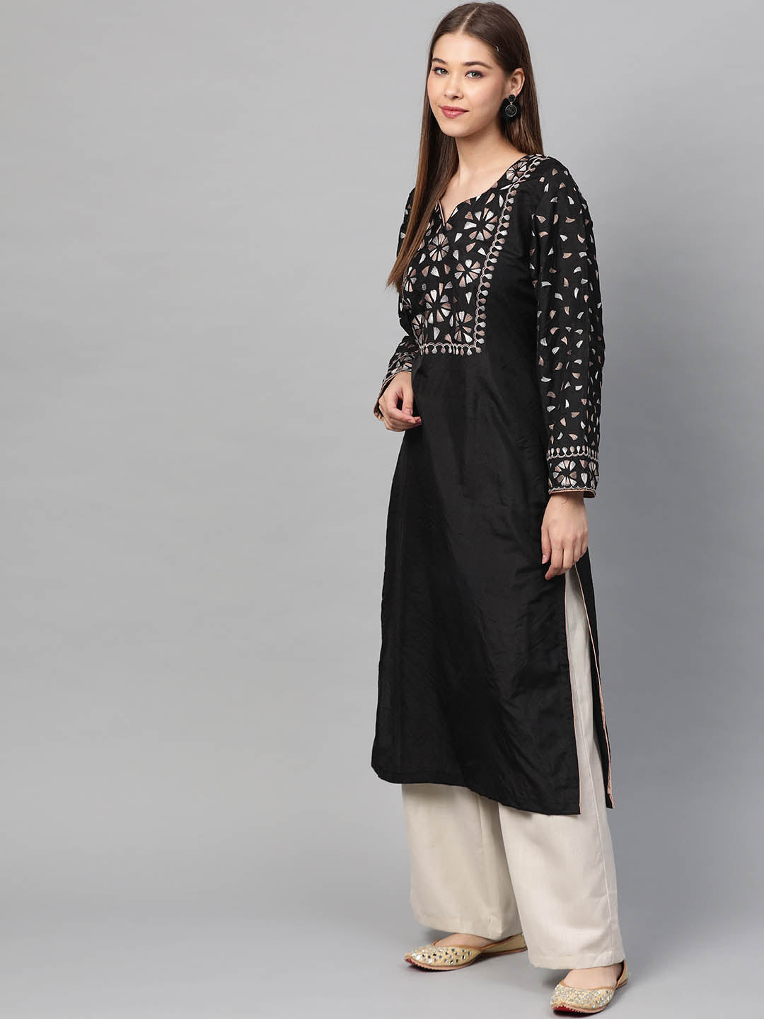 Black & White Yoke Design Straight Kurta