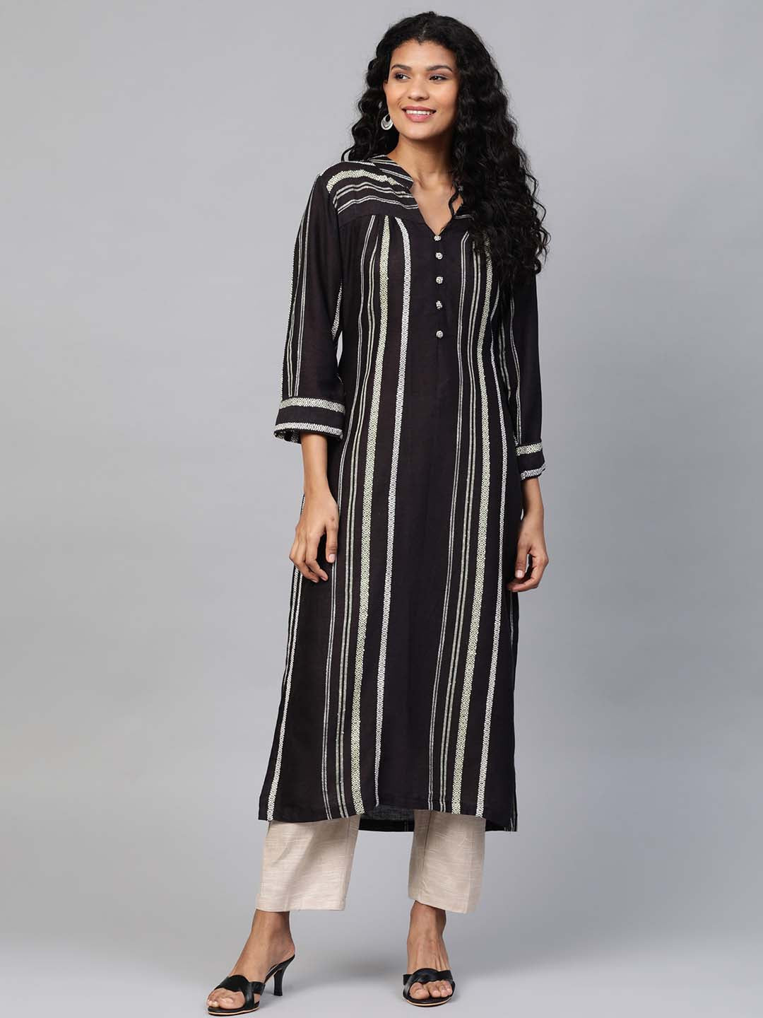 Women Black & Beige Striped Sustainable Straight Kurta