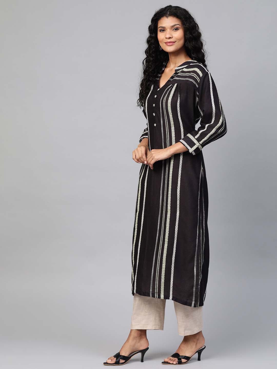 Women Black & Beige Striped Sustainable Straight Kurta