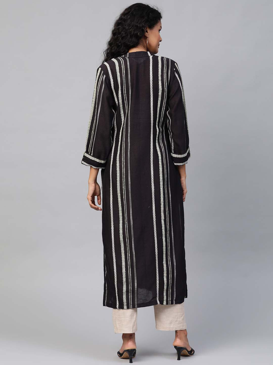 Women Black & Beige Striped Sustainable Straight Kurta