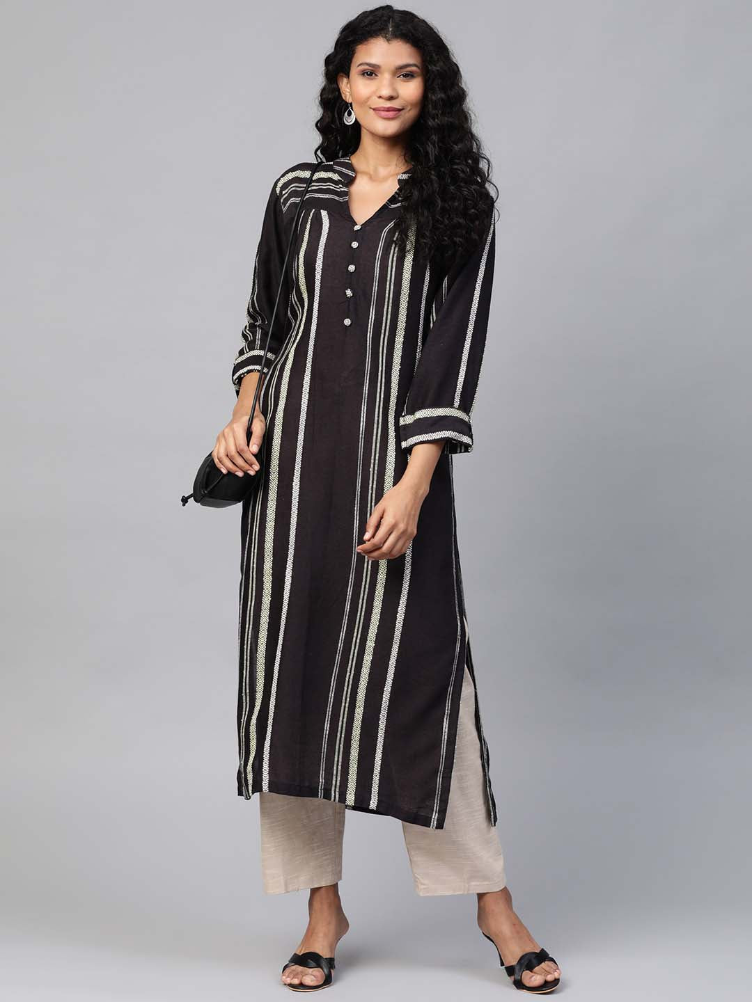 Women Black & Beige Striped Sustainable Straight Kurta