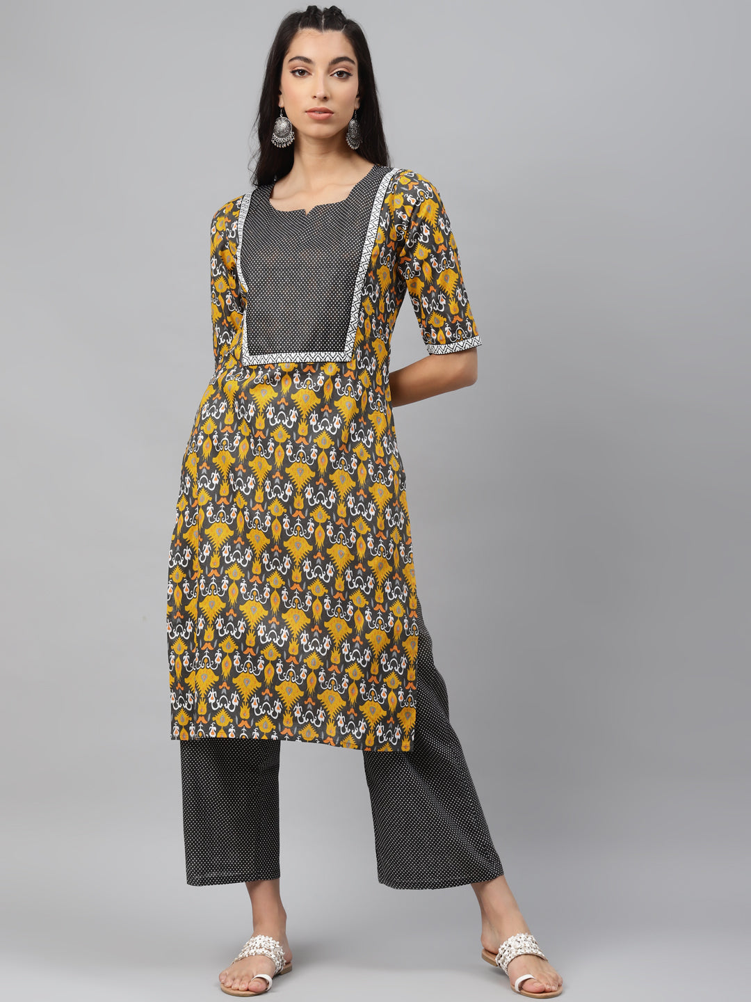 Women Grey & Yellow Printed Pure Cotton Kurta with Palazzos