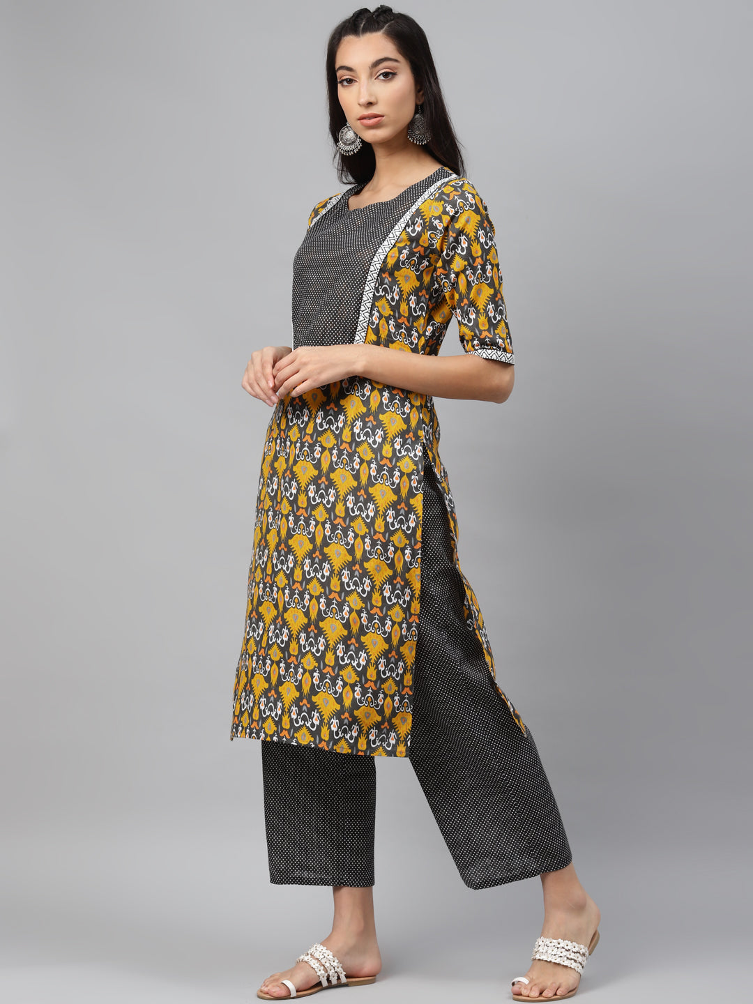 Women Grey & Yellow Printed Pure Cotton Kurta with Palazzos