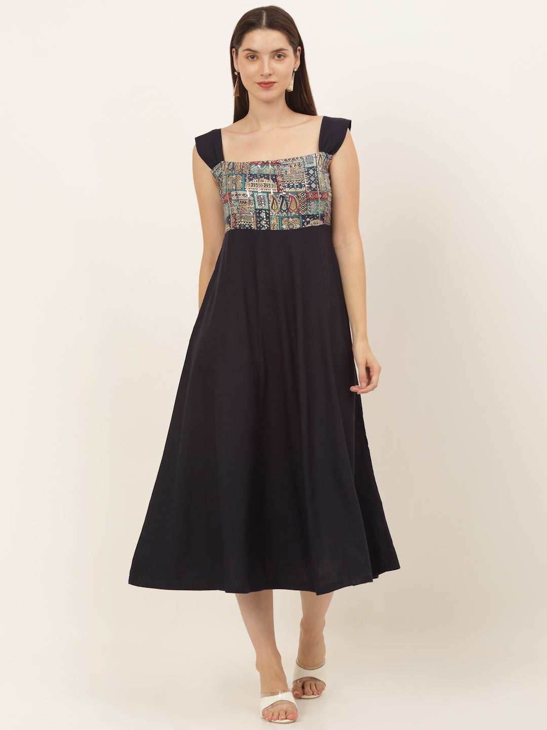 Women Navy Blue Rayon midi dress