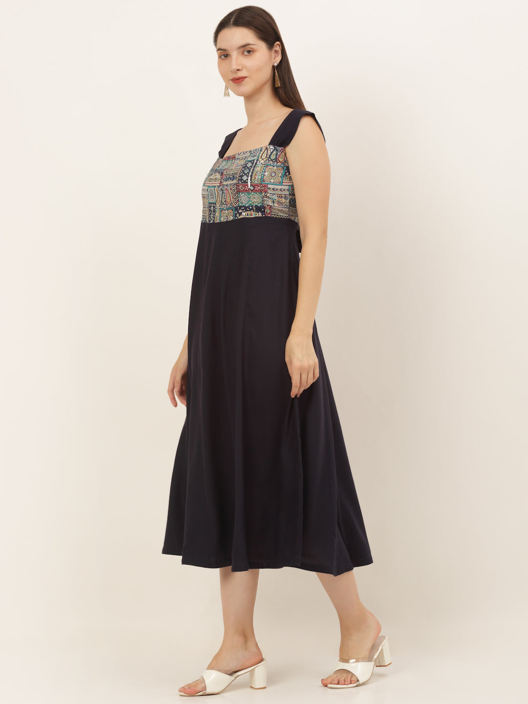 Women Navy Blue Rayon midi dress