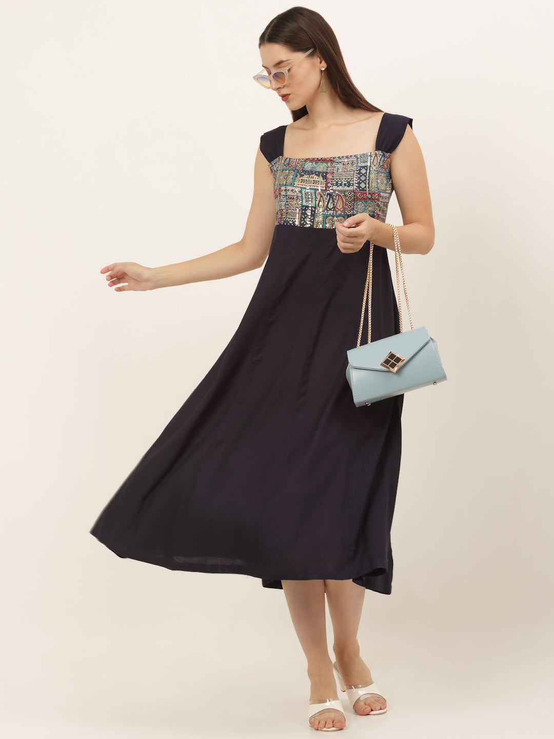 Women Navy Blue Rayon midi dress