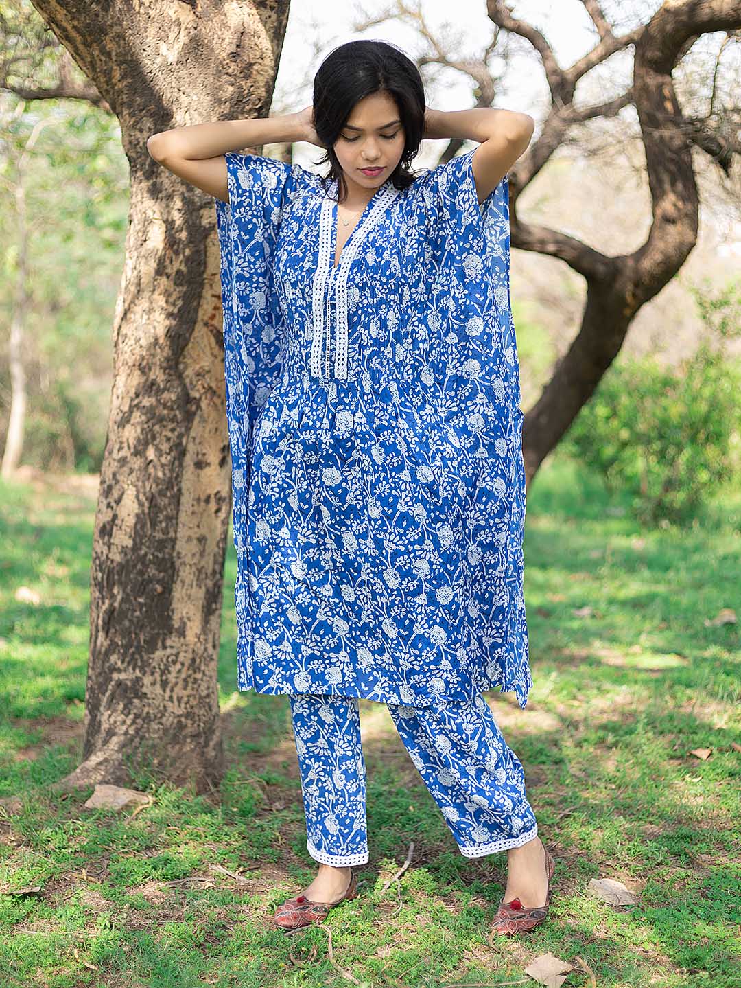 Blue Printed Kaftan Set with lace details