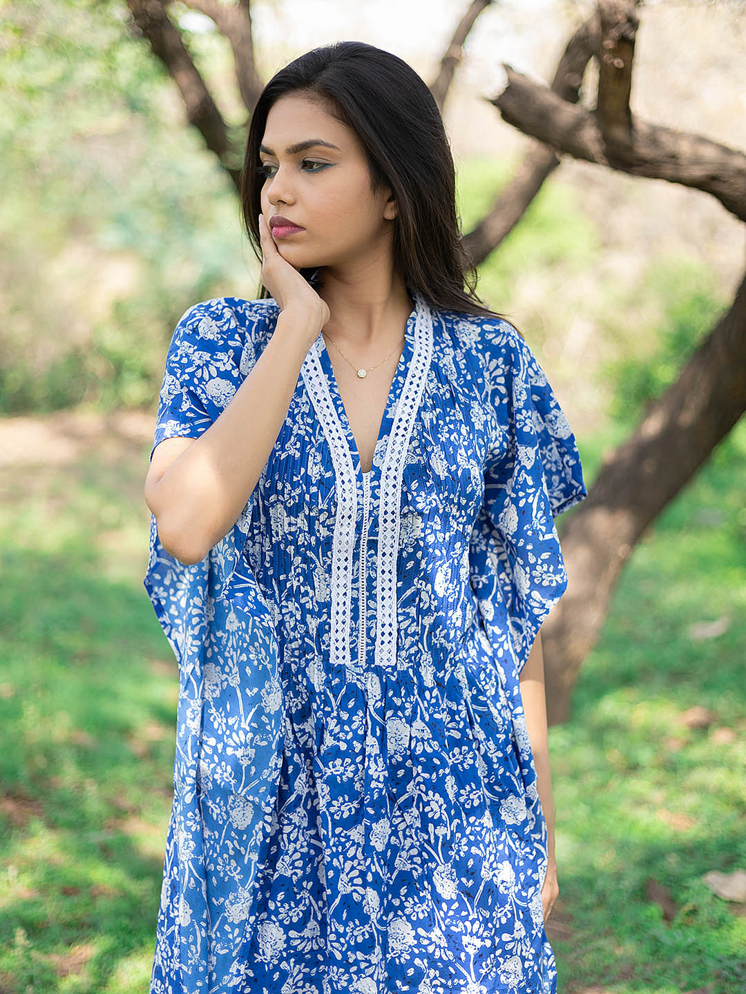 Blue Printed Kaftan Set with lace details