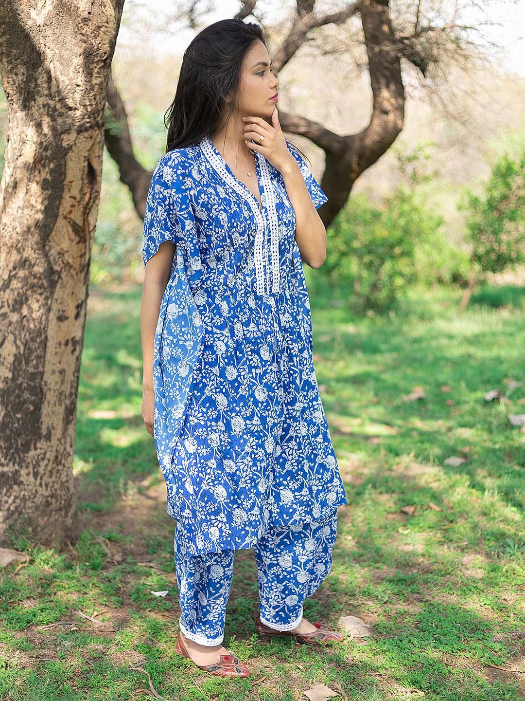 Blue Printed Kaftan Set with lace details