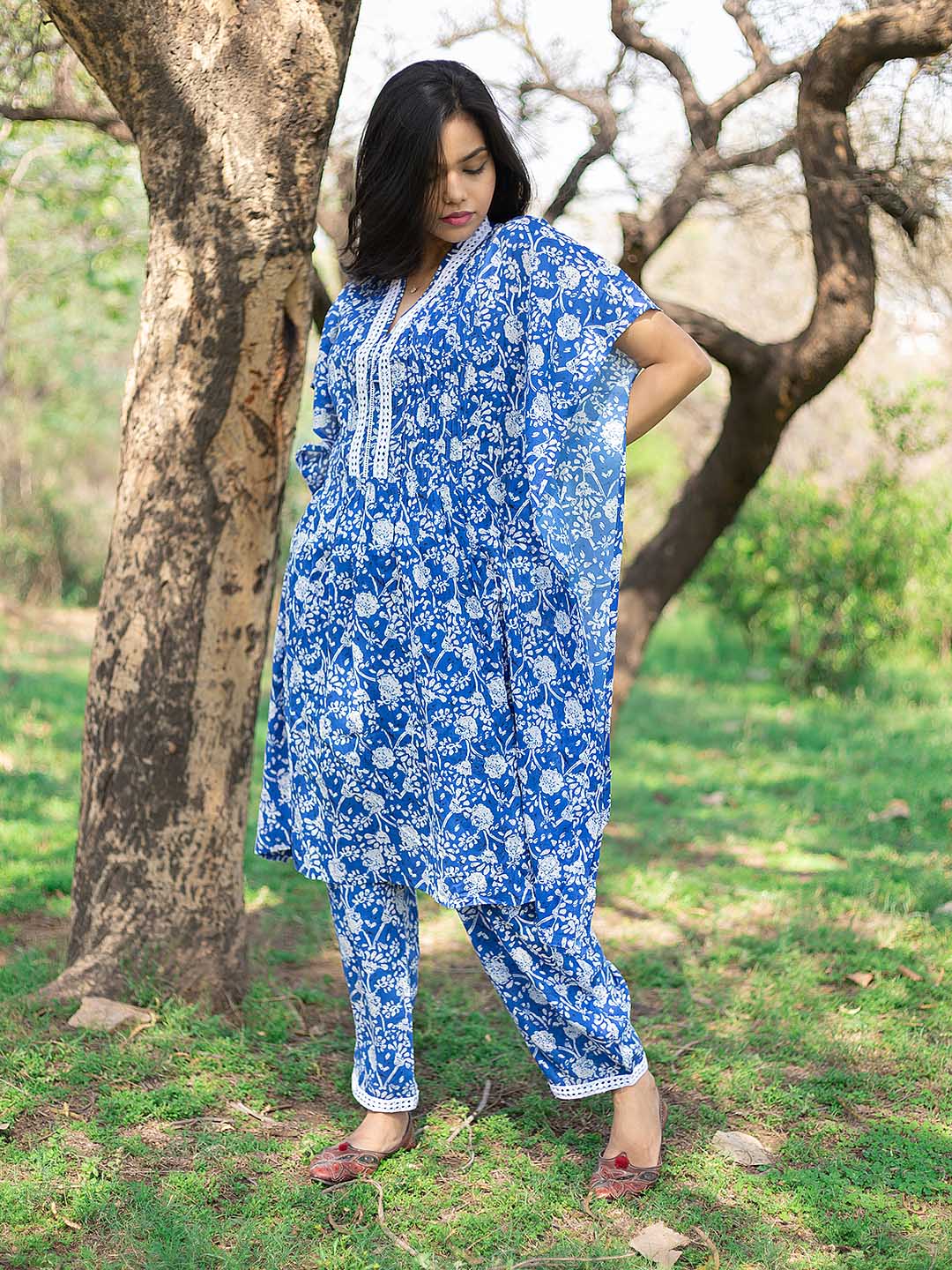 Blue Printed Kaftan Set with lace details