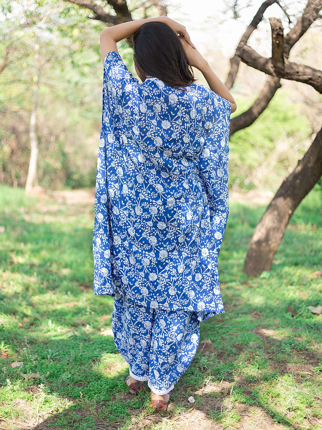 Blue Printed Kaftan Set with lace details