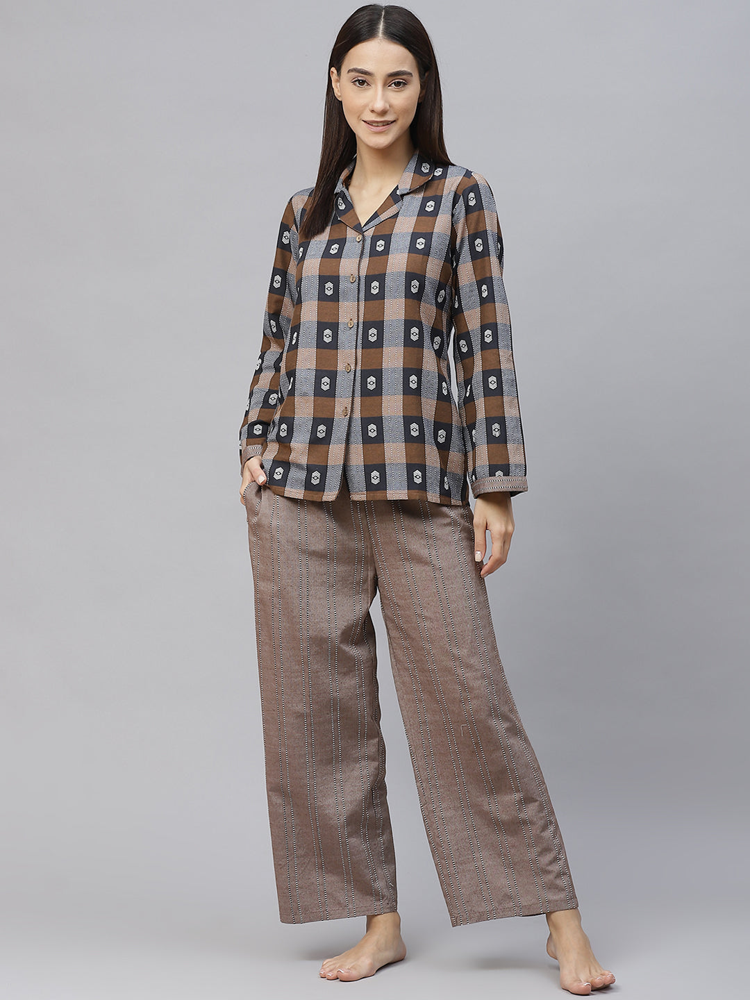 Coffee Brown and Navy Blue  Checked Cotton Pyjama Set