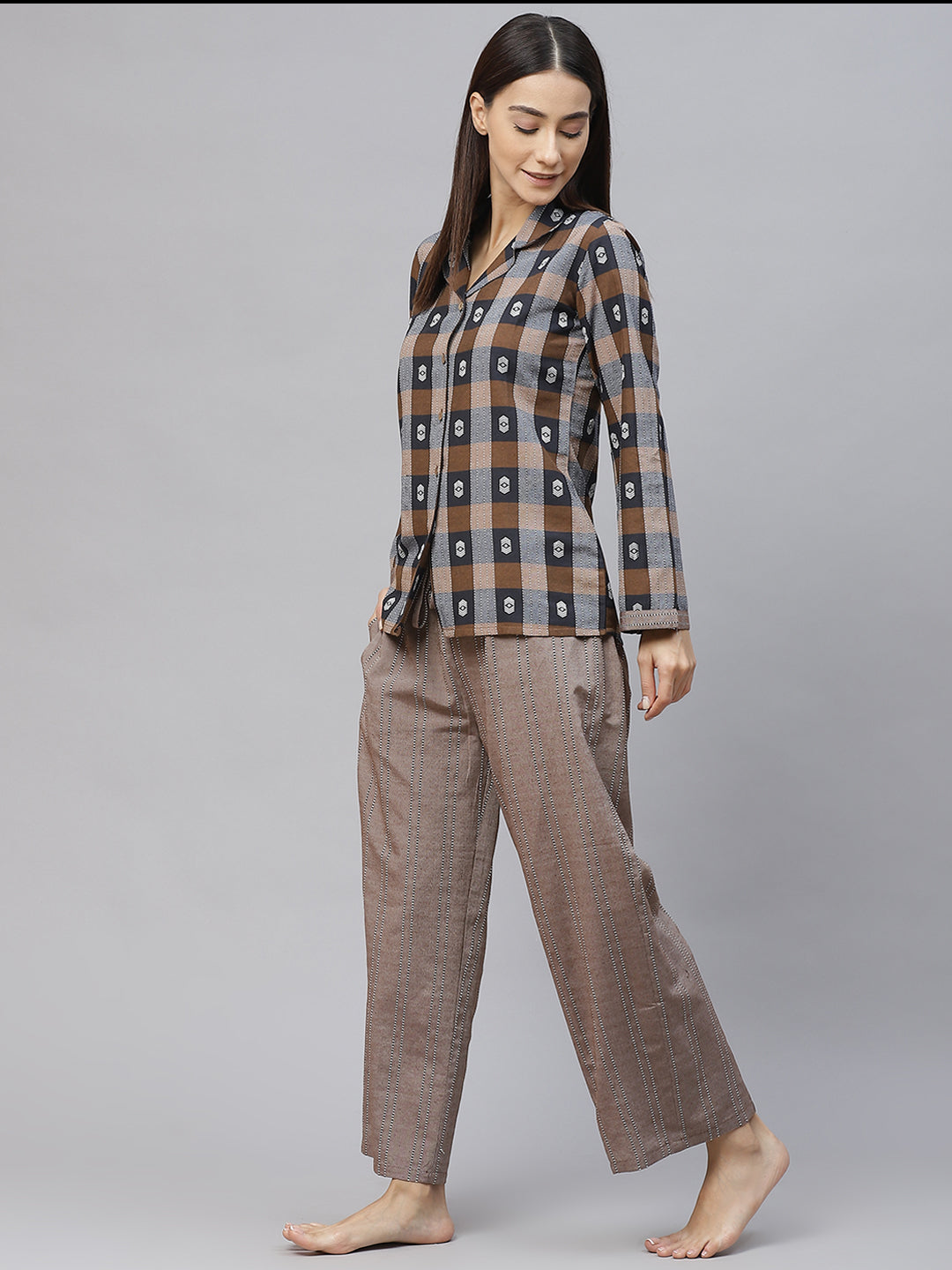 Coffee Brown and Navy Blue  Checked Cotton Pyjama Set