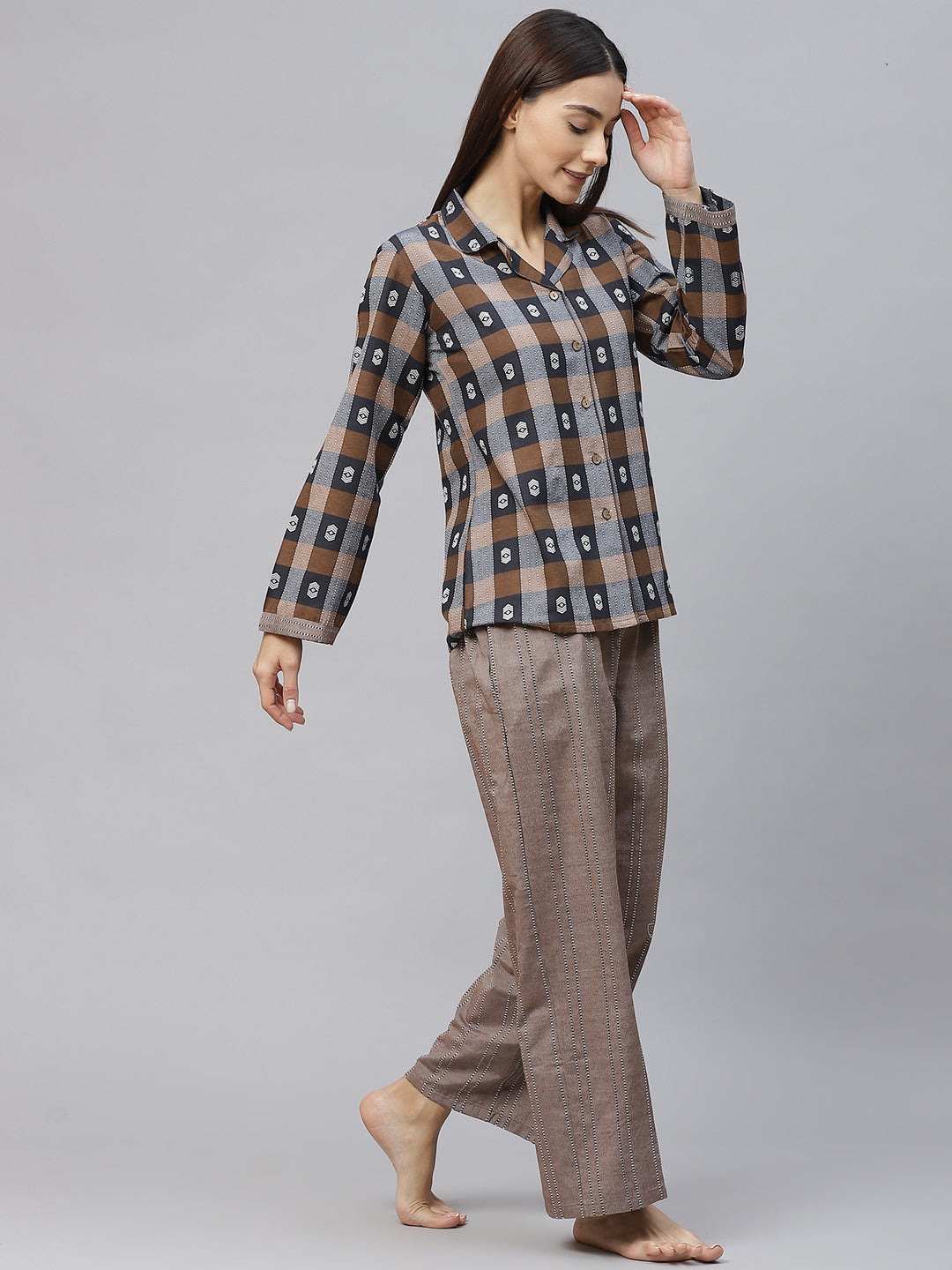 Coffee Brown and Navy Blue  Checked Cotton Pyjama Set