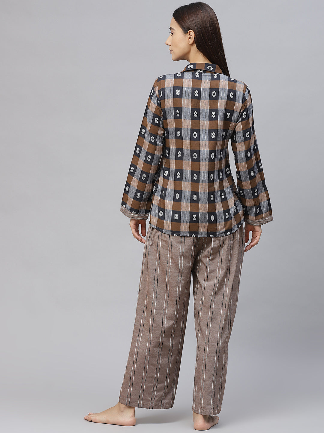 Coffee Brown and Navy Blue  Checked Cotton Pyjama Set