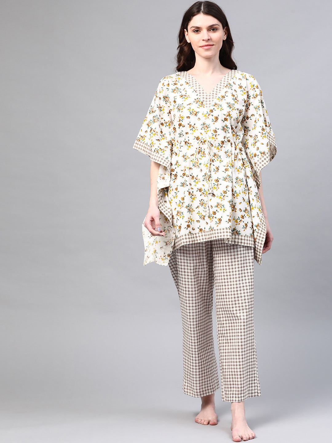 Off-White & Brown Floral  Print Pure Cotton Kaftan Night Suit