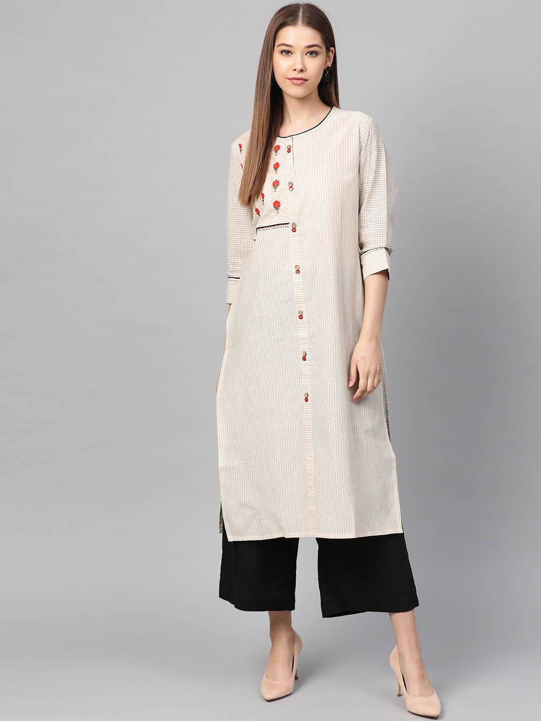 Cream-Coloured & Black  Self-Striped Straight Kurta