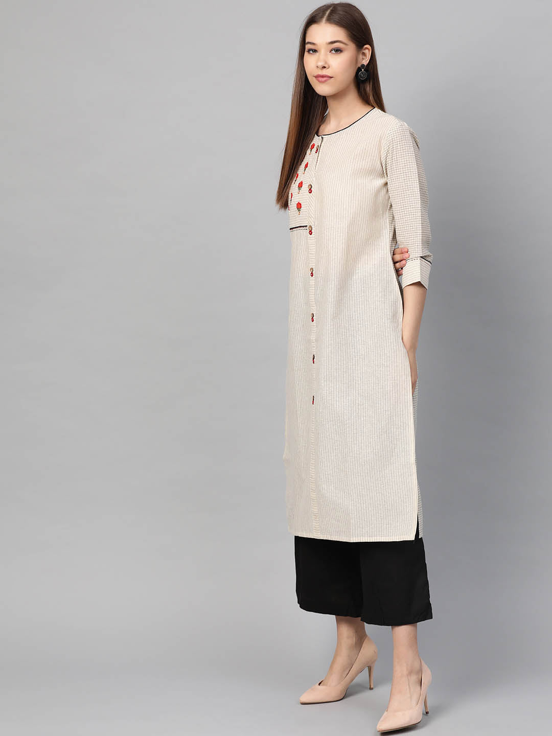 Cream-Coloured & Black  Self-Striped Straight Kurta