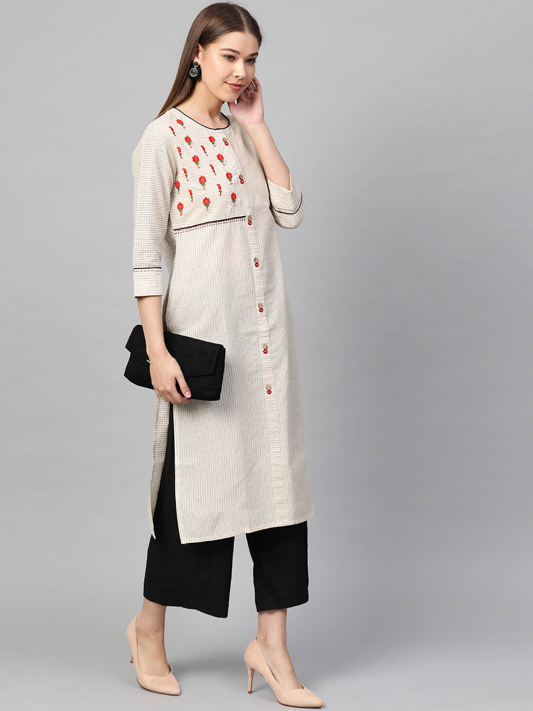 Cream-Coloured & Black  Self-Striped Straight Kurta