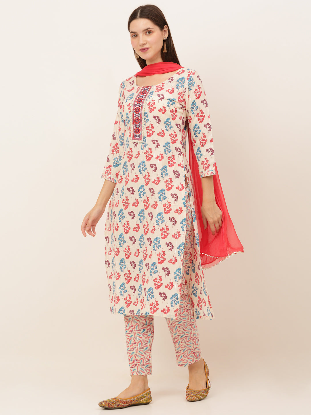 Women Cream-Coloured Floral Printed Kurta with Trousers & With Dupatta