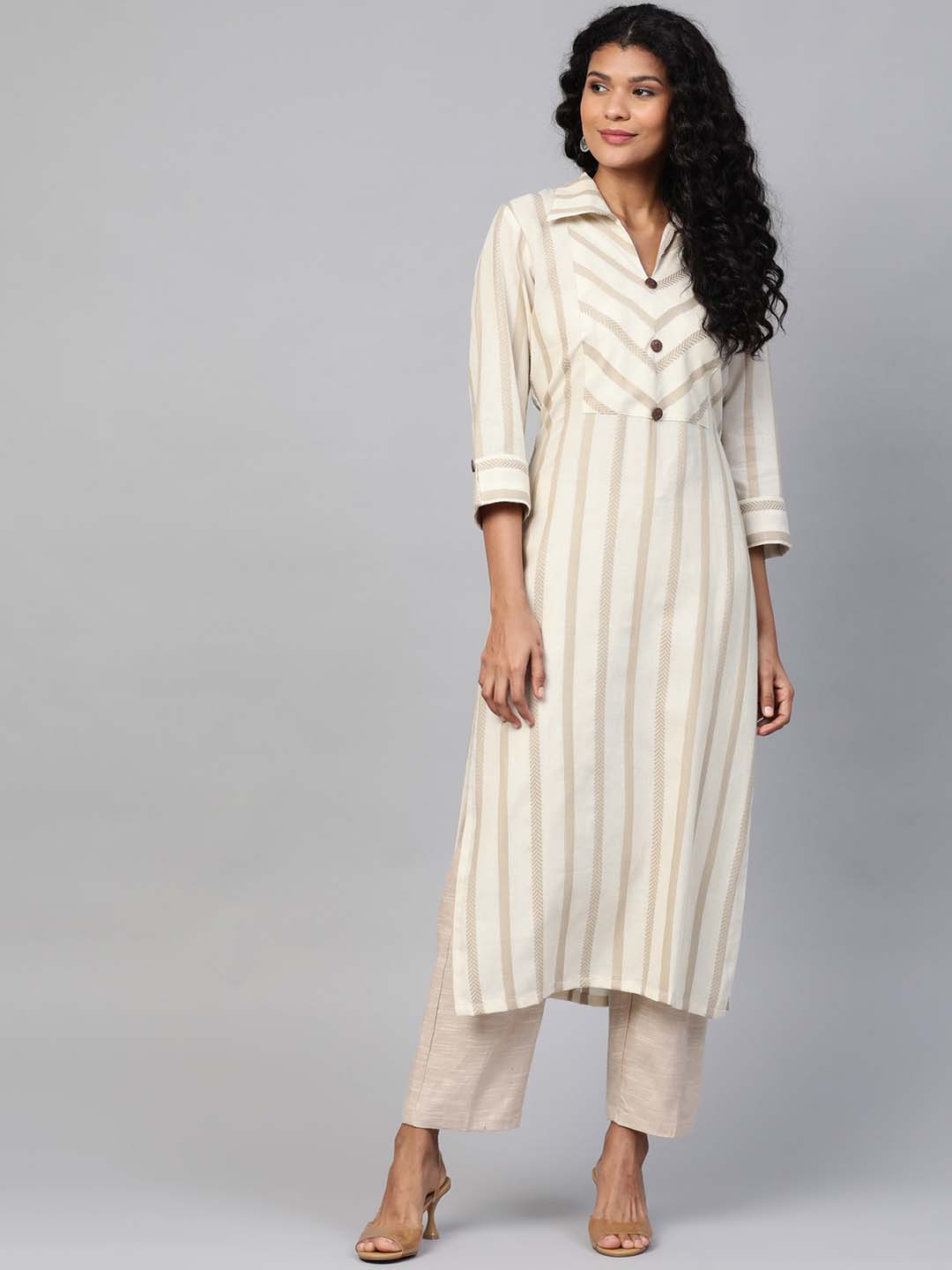 Women Cream-Coloured & Taupe Striped Straight Sustainable Kurta