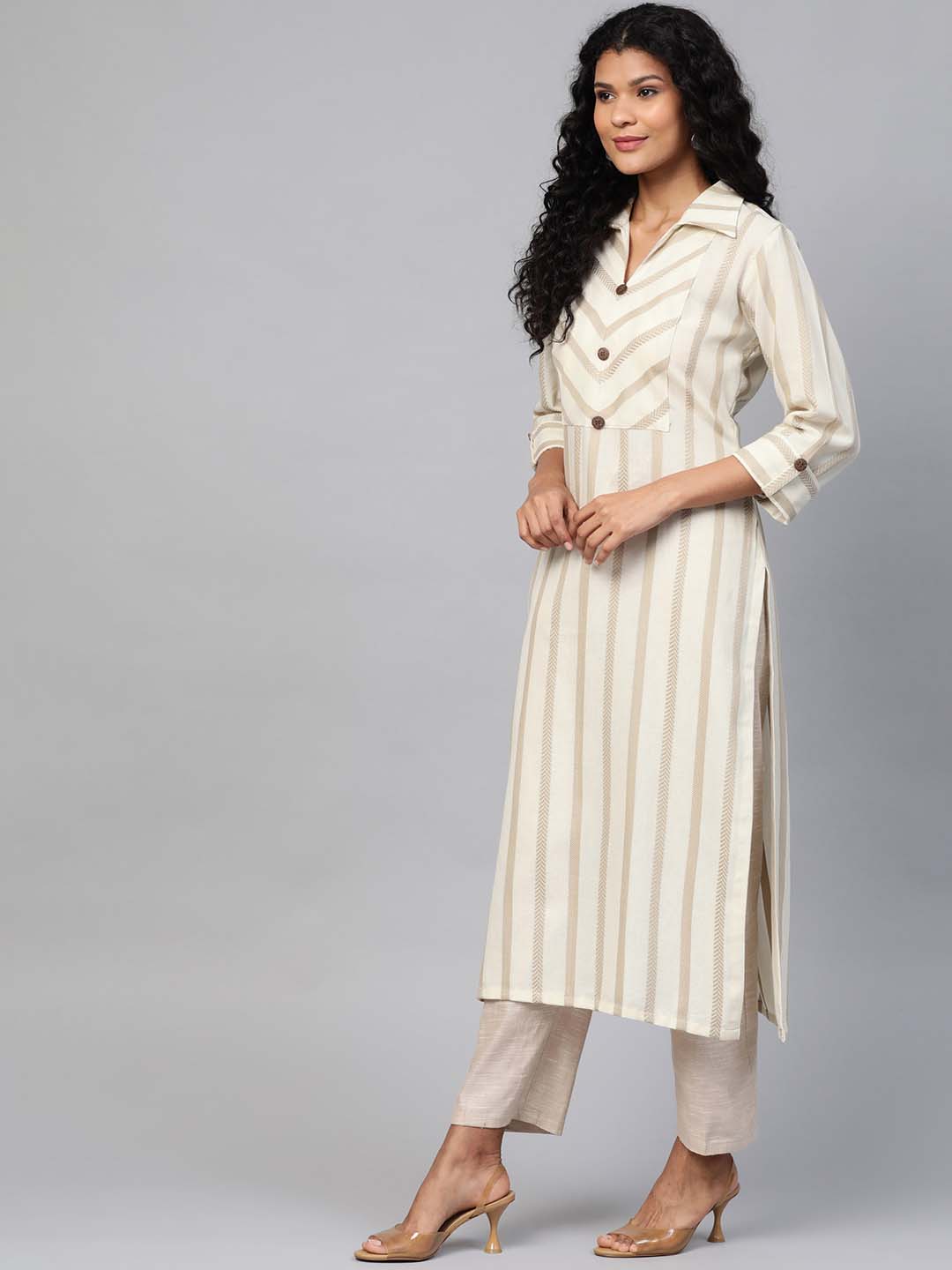 Women Cream-Coloured & Taupe Striped Straight Sustainable Kurta