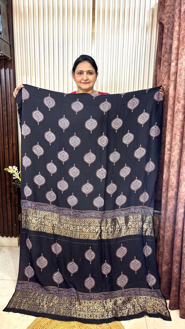 Banarasi Dola Silk Black Ajrakh handblock printed Kurta With Dupatta - Set of 2