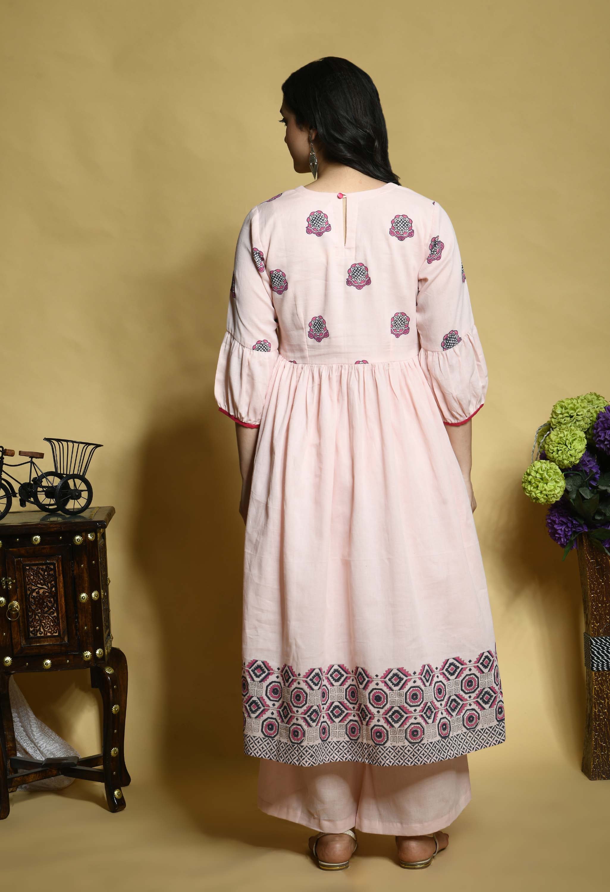 Pink Empire Cut Handblock Print Kurta with Palazzos & Chiffon Dupatta