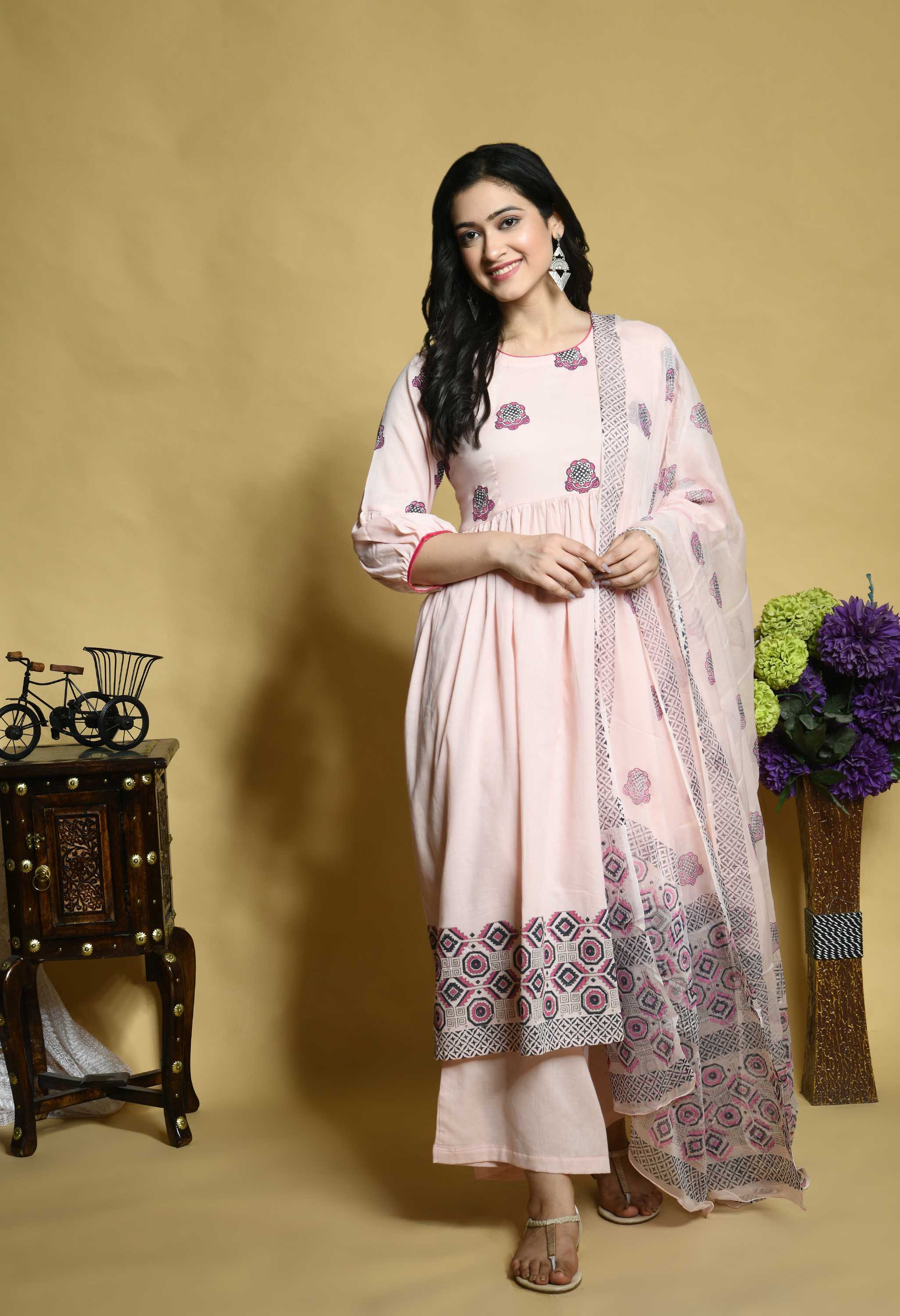 Pink Empire Cut Handblock Print Kurta with Palazzos & Chiffon Dupatta