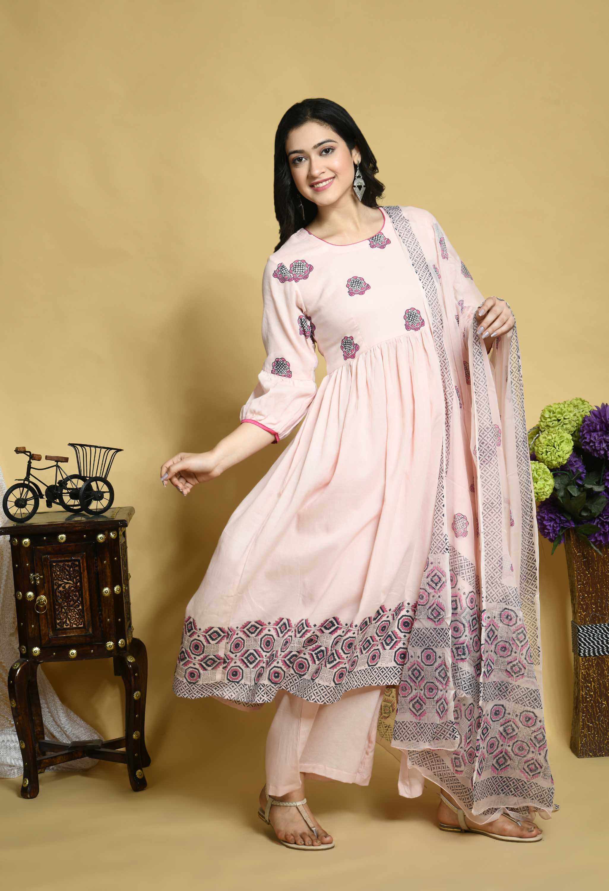 Pink Empire Cut Handblock Print Kurta with Palazzos & Chiffon Dupatta