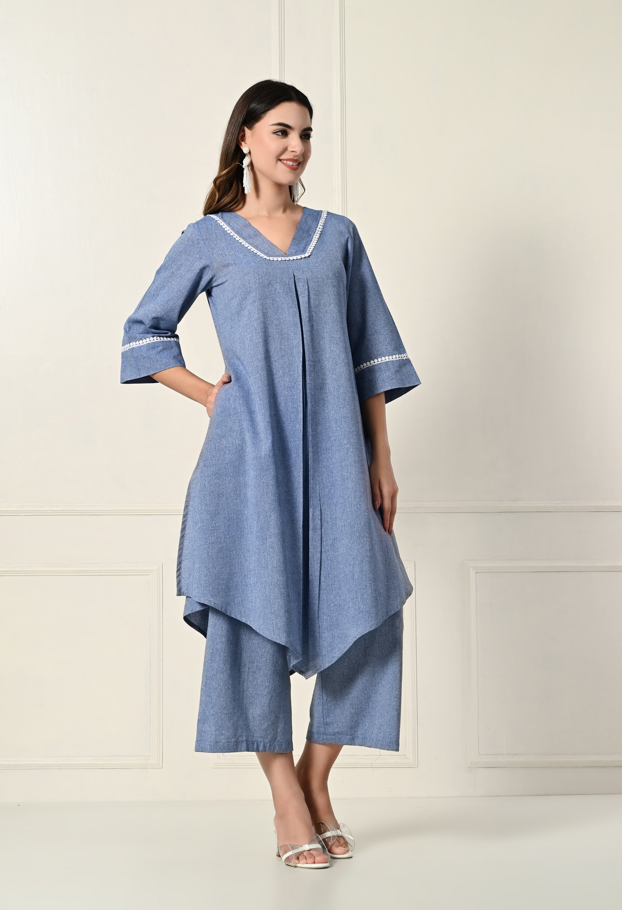 Sky Blue khadi pleated set