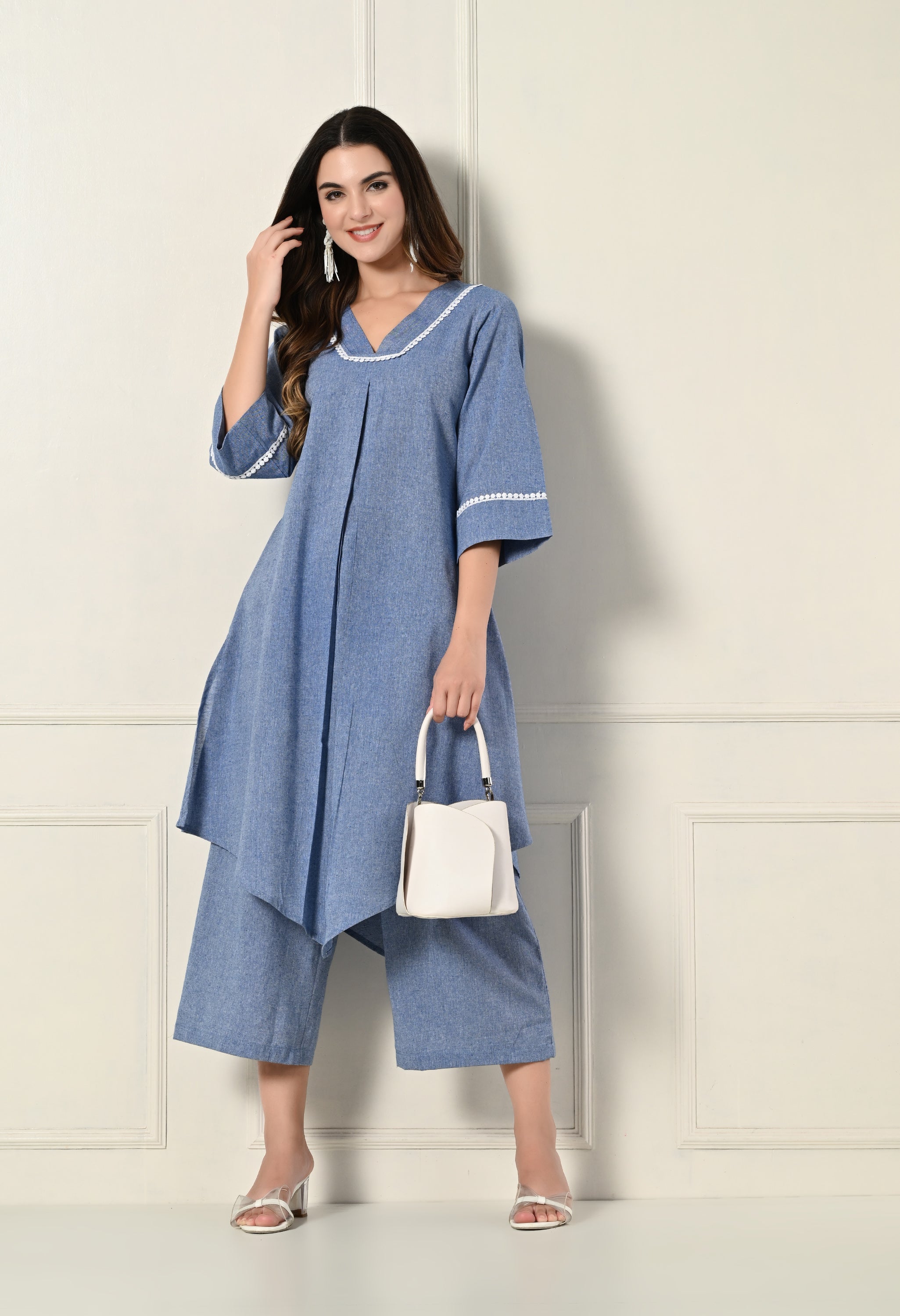 Sky Blue khadi pleated set