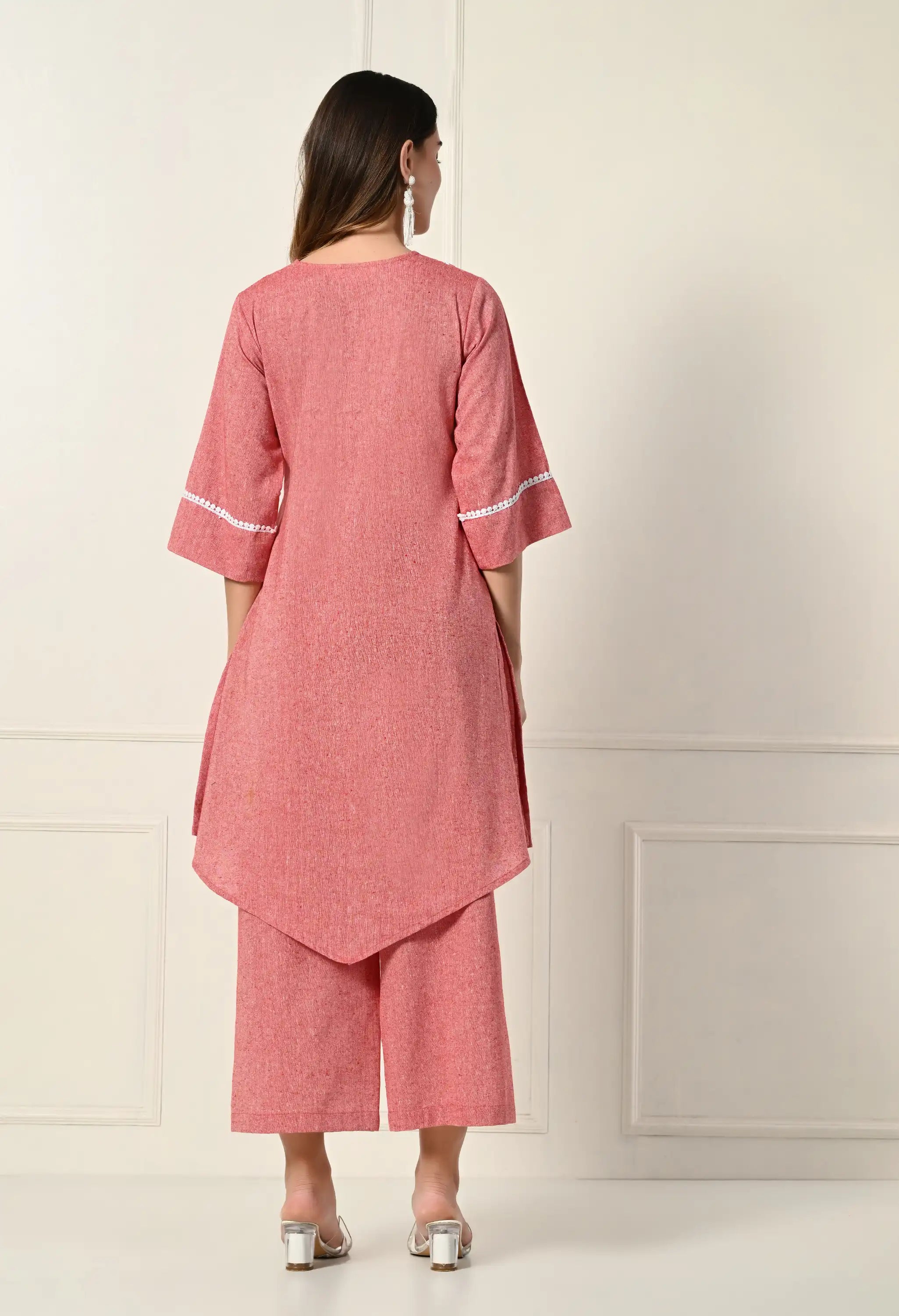 Pink khadi pleated set