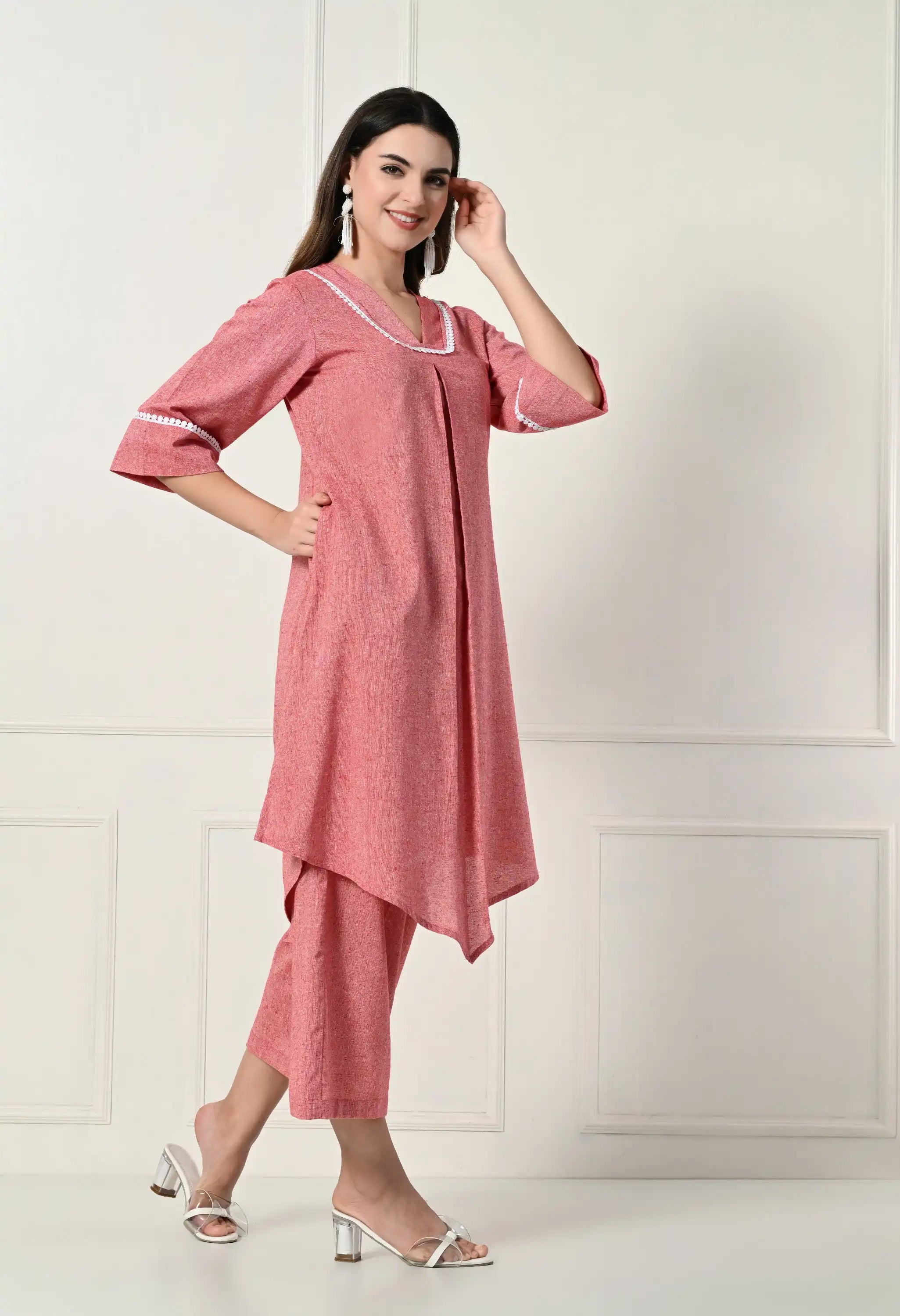 Pink khadi pleated set