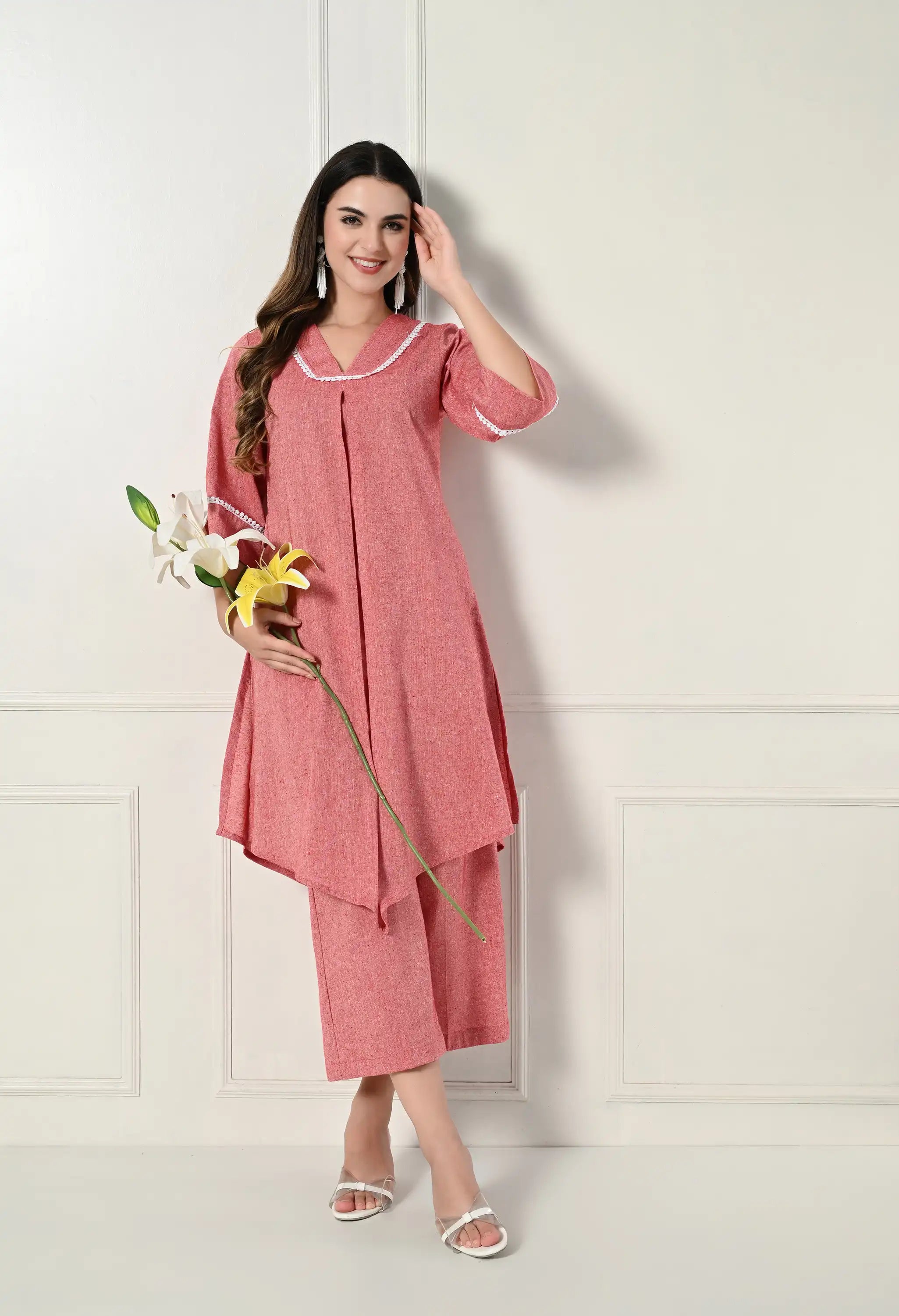 Pink khadi pleated set