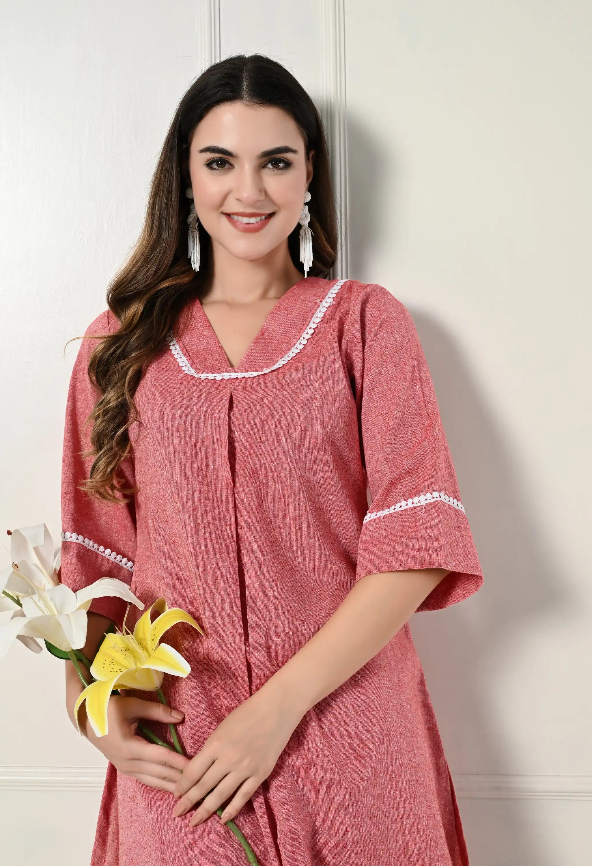 Pink khadi pleated set